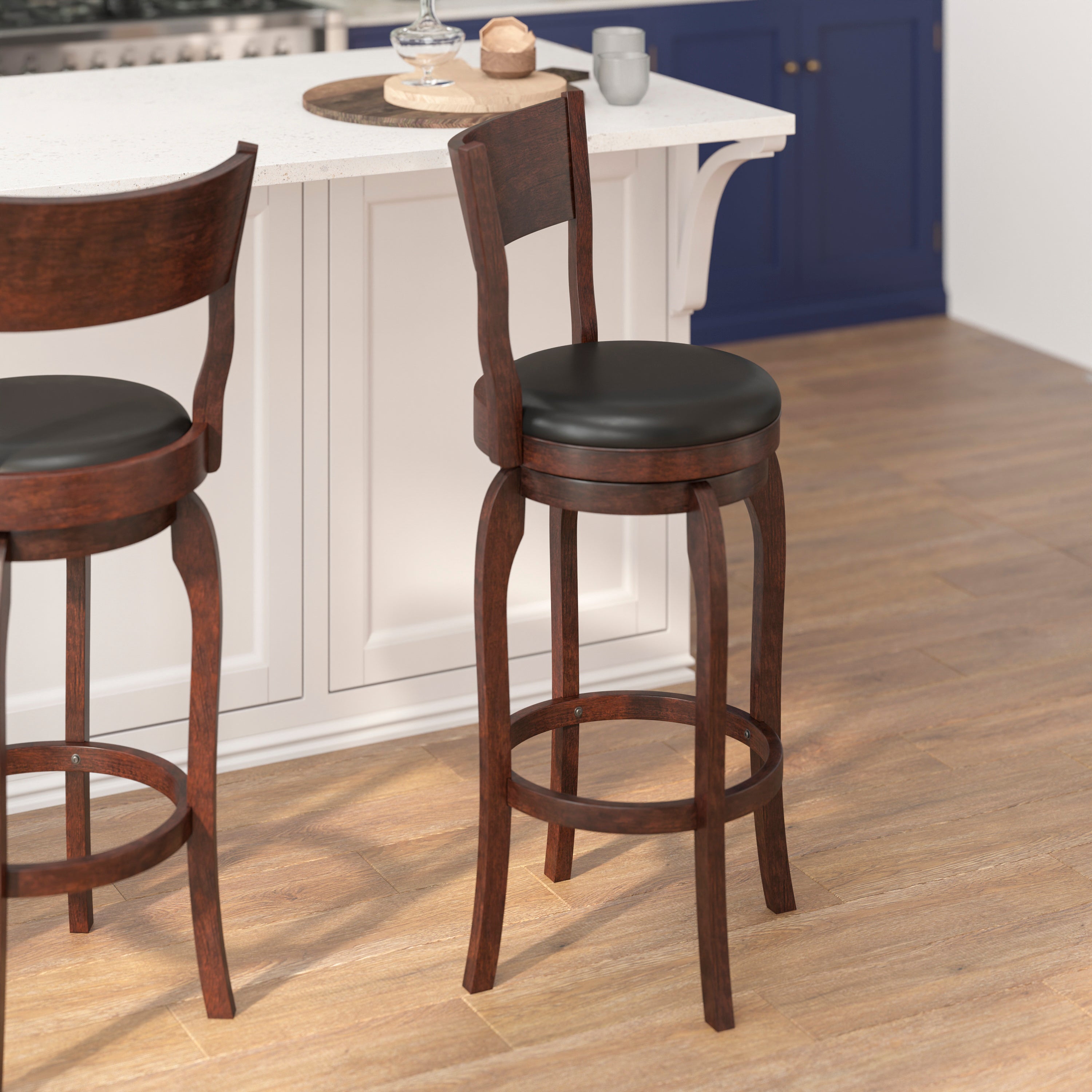Nichola Classic Open Back Swivel Bar Height Pub Barstool with Bowed Wooden Frame and Padded, Uphosltered Seat