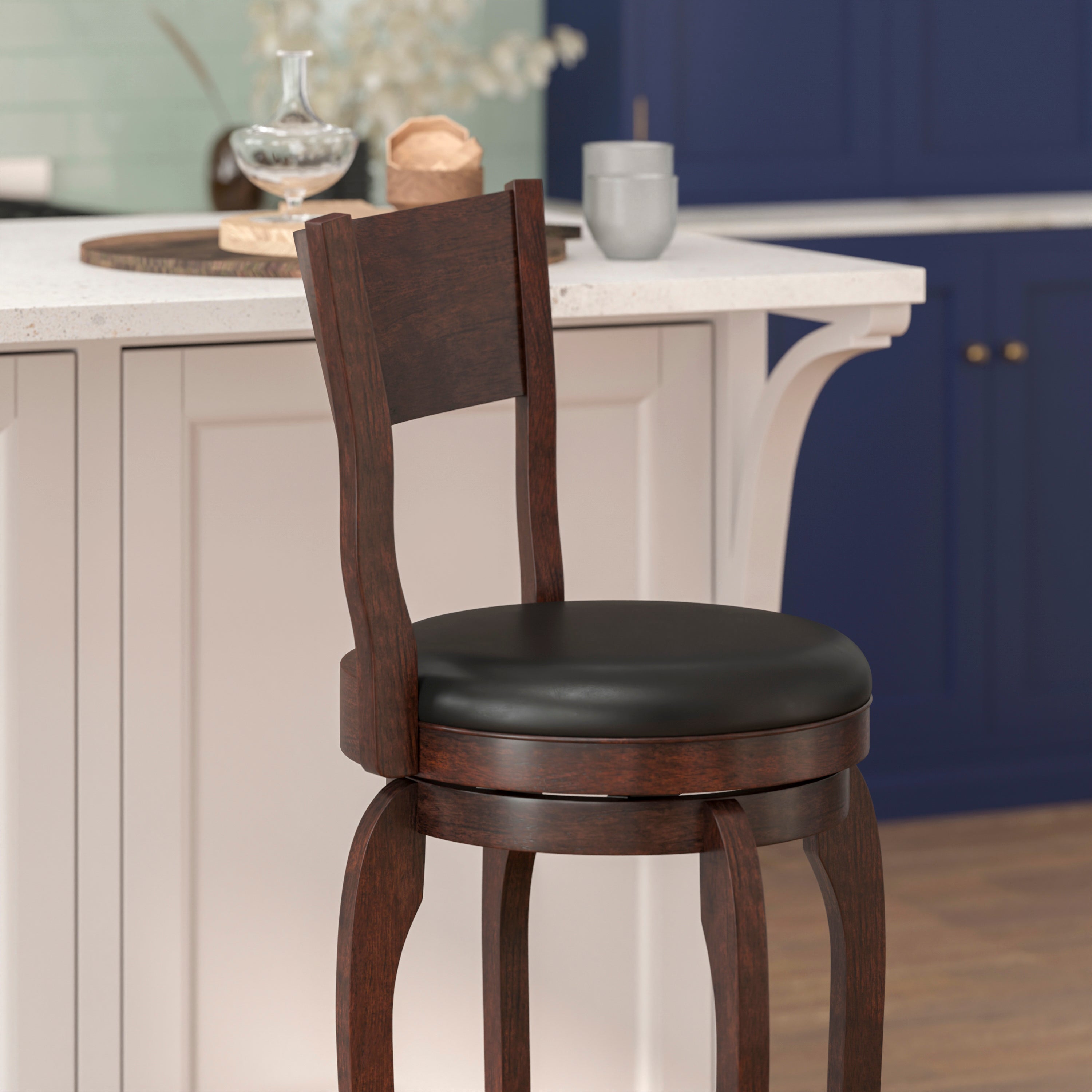 Nichola Classic Open Back Swivel Bar Height Pub Barstool with Bowed Wooden Frame and Padded, Uphosltered Seat