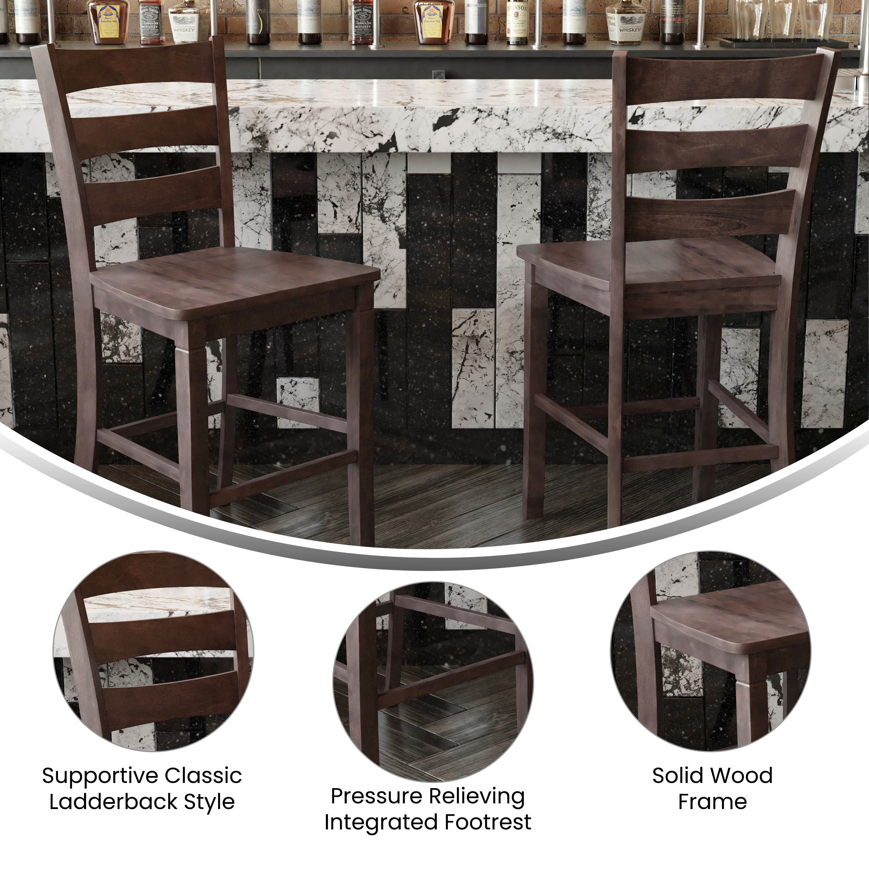 Liesel Set of 2 Wooden Classic Ladderback Counter Height Barstool with Solid Wood Seat