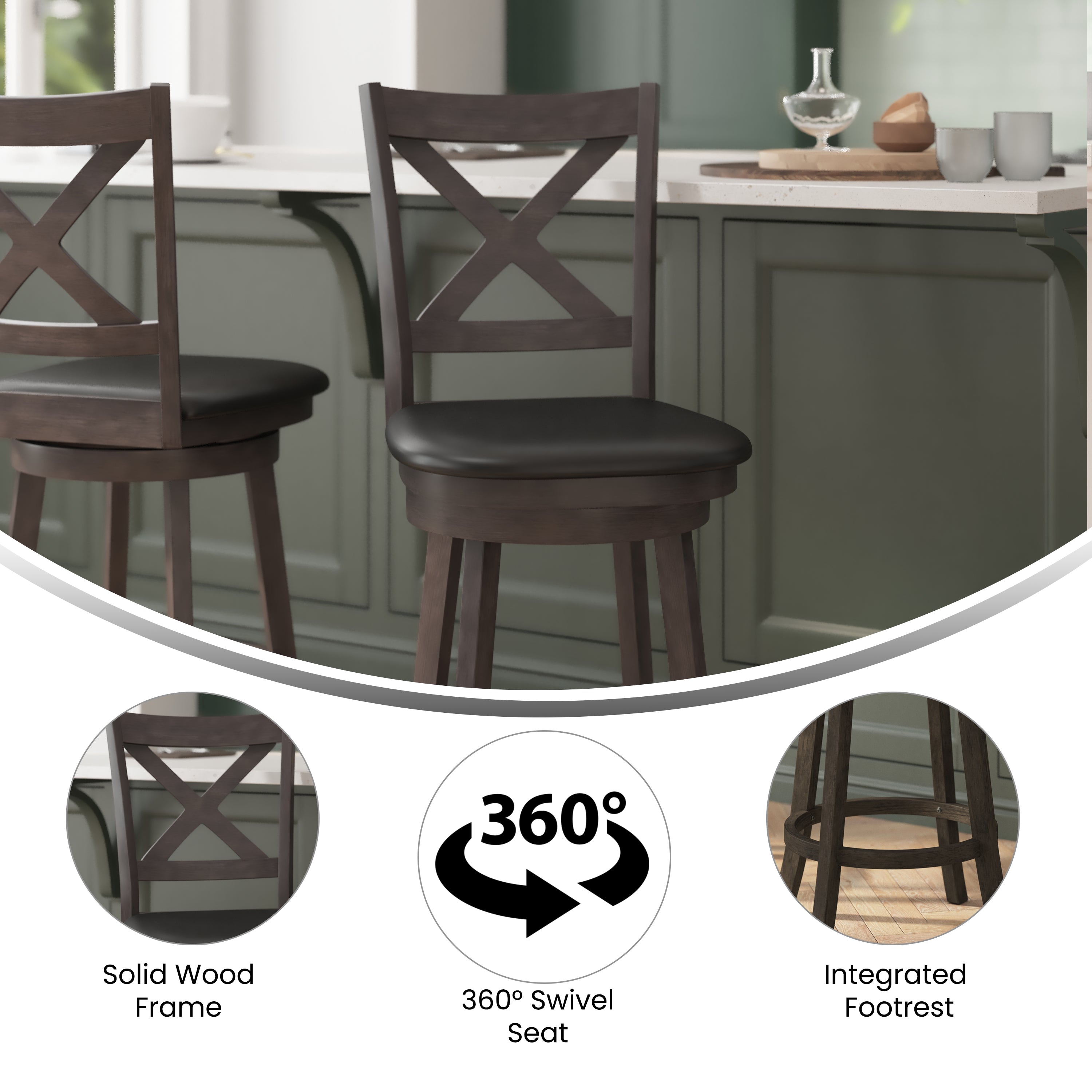 Felicity Wood Classic Crossback Swivel Counter Height Barstool with Padded, Upholstered Seat