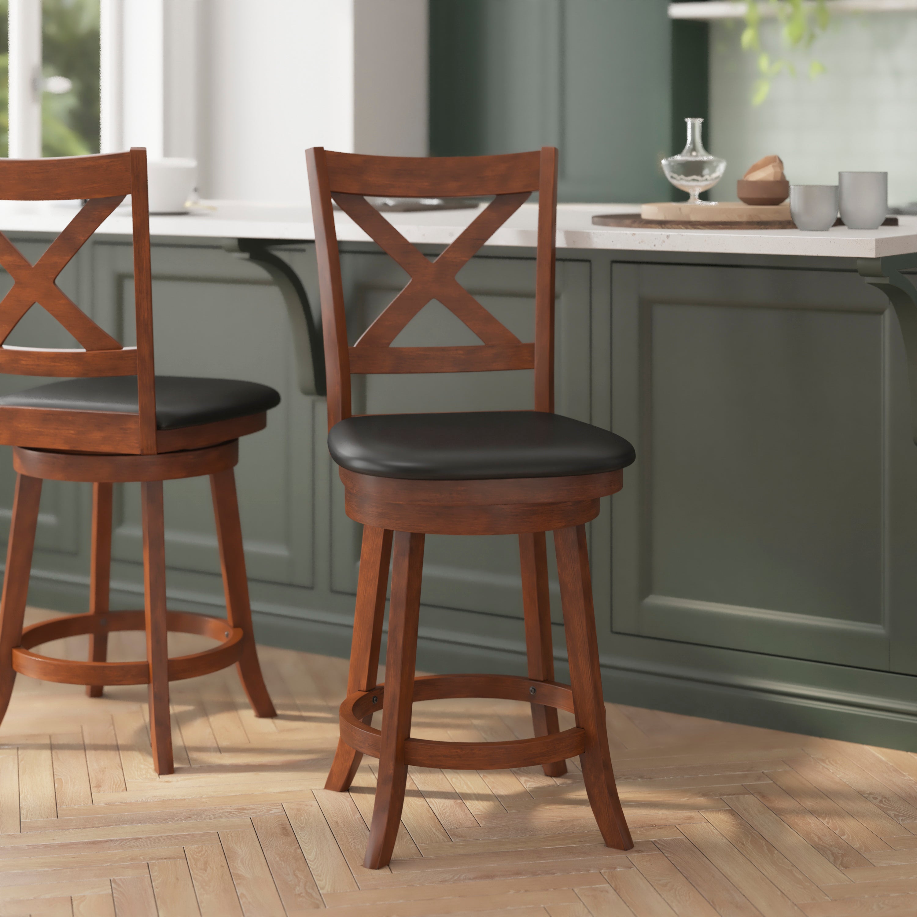 Felicity Wood Classic Crossback Swivel Counter Height Barstool with Padded, Upholstered Seat