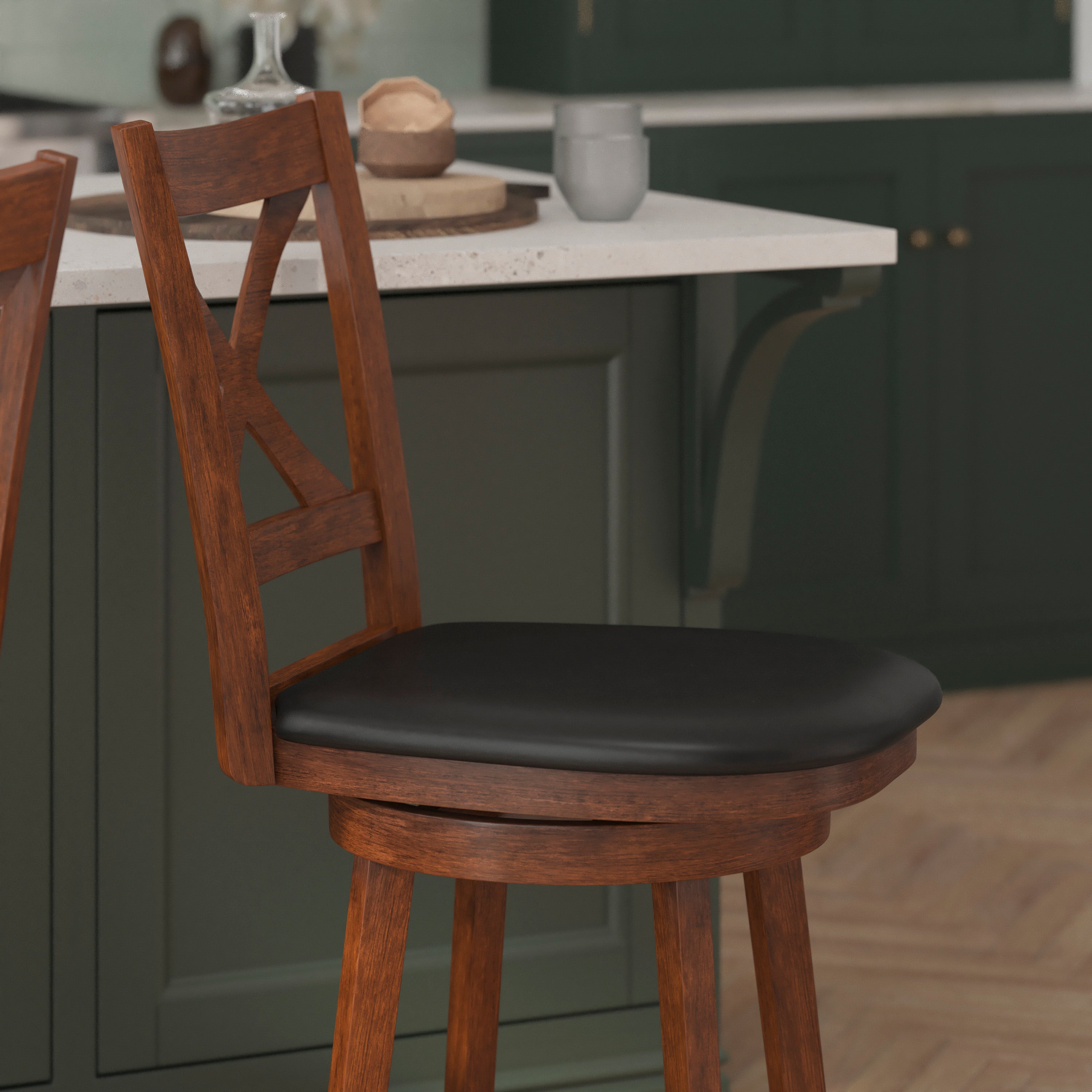 Felicity Wood Classic Crossback Swivel Counter Height Barstool with Padded, Upholstered Seat