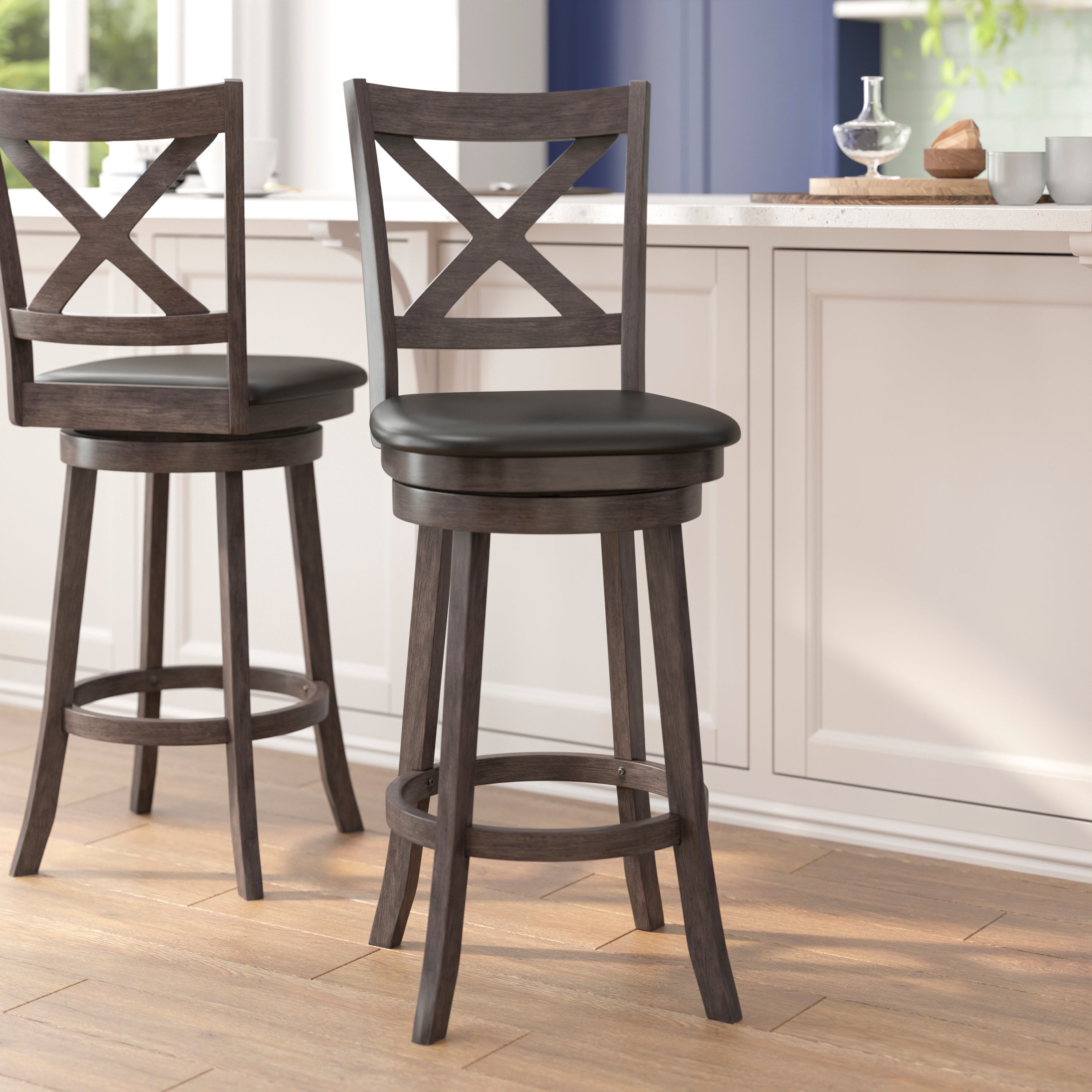 Felicity Wood Classic Crossback Swivel Bar Height Barstool with Padded, Upholstered Seat