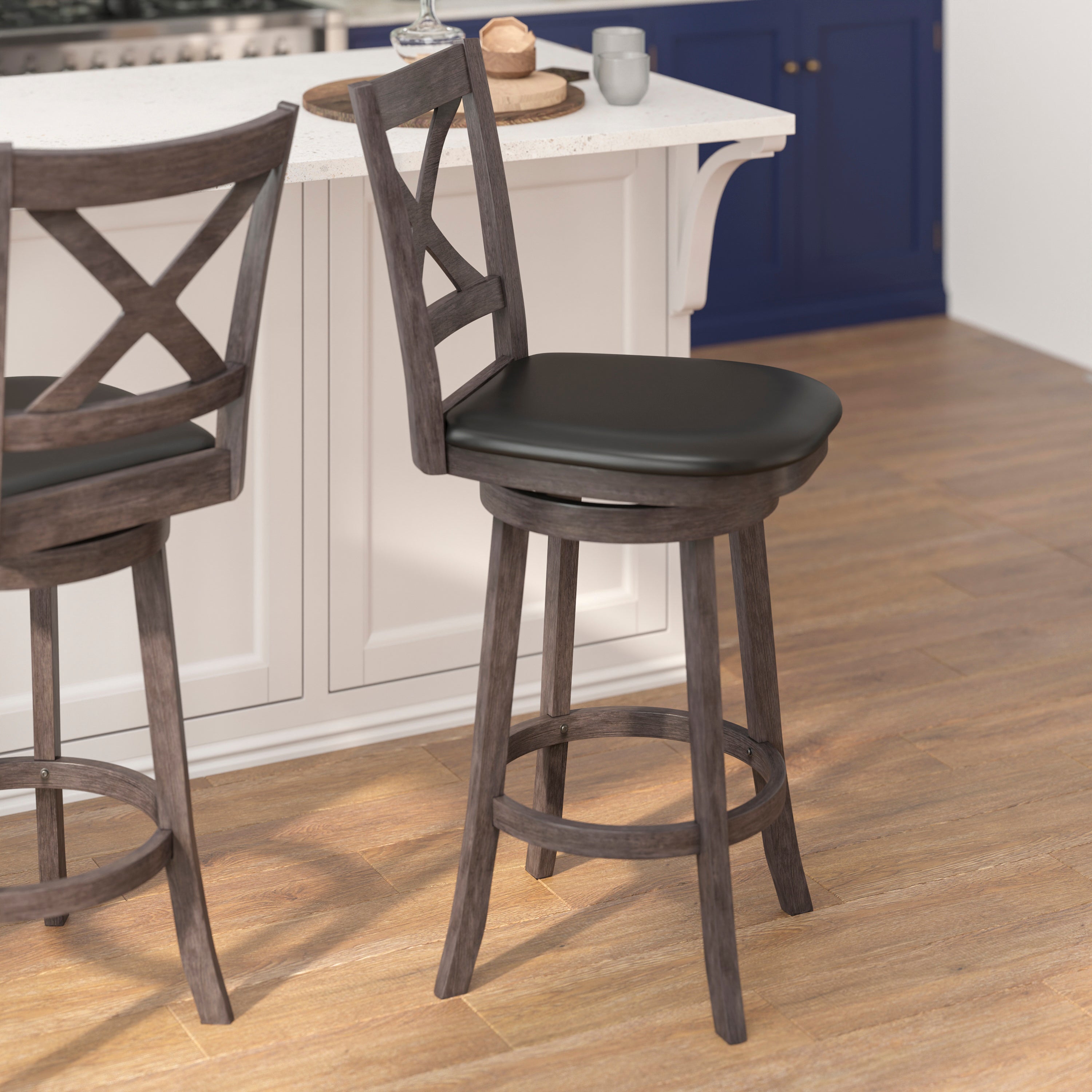 Felicity Wood Classic Crossback Swivel Bar Height Barstool with Padded, Upholstered Seat