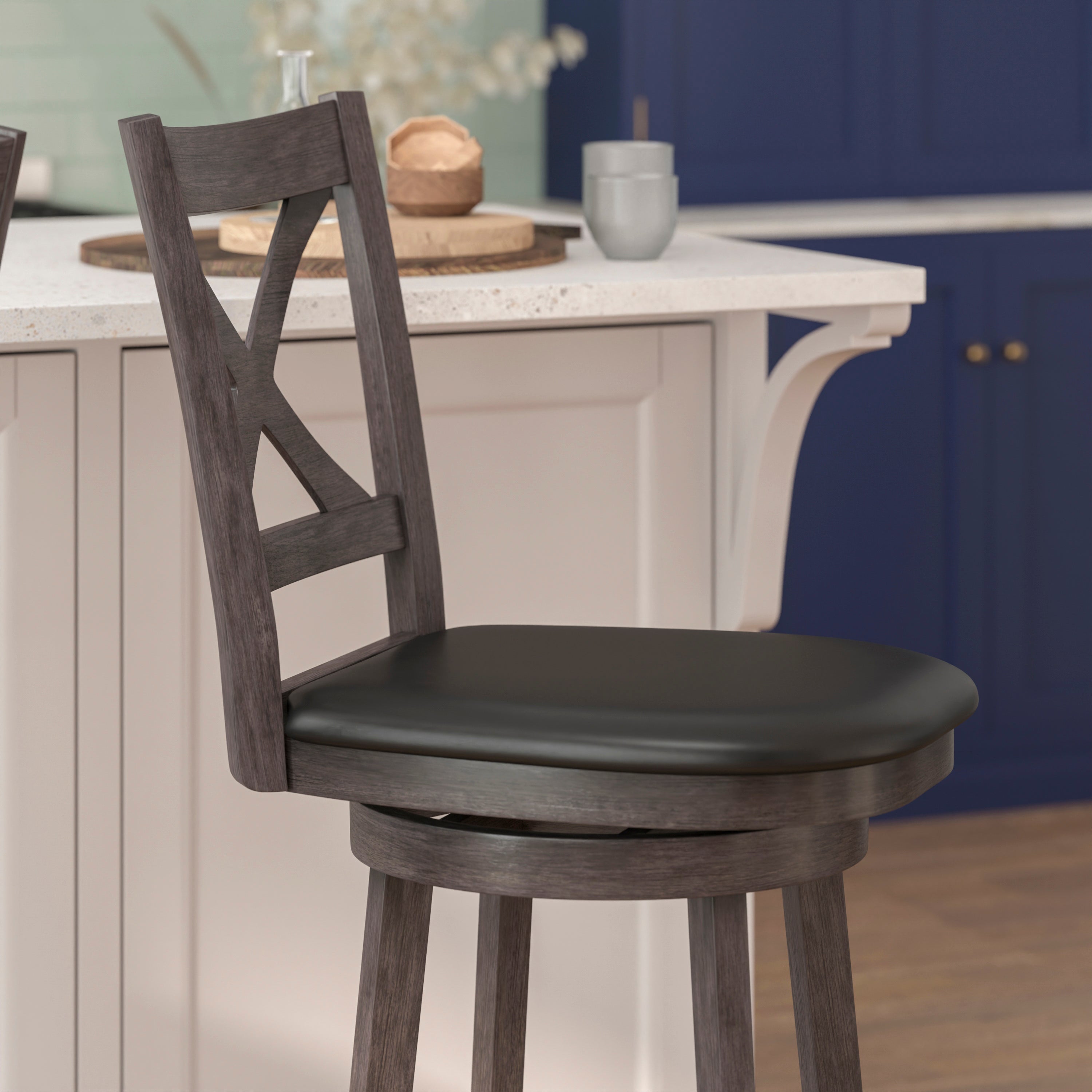 Felicity Wood Classic Crossback Swivel Bar Height Barstool with Padded, Upholstered Seat