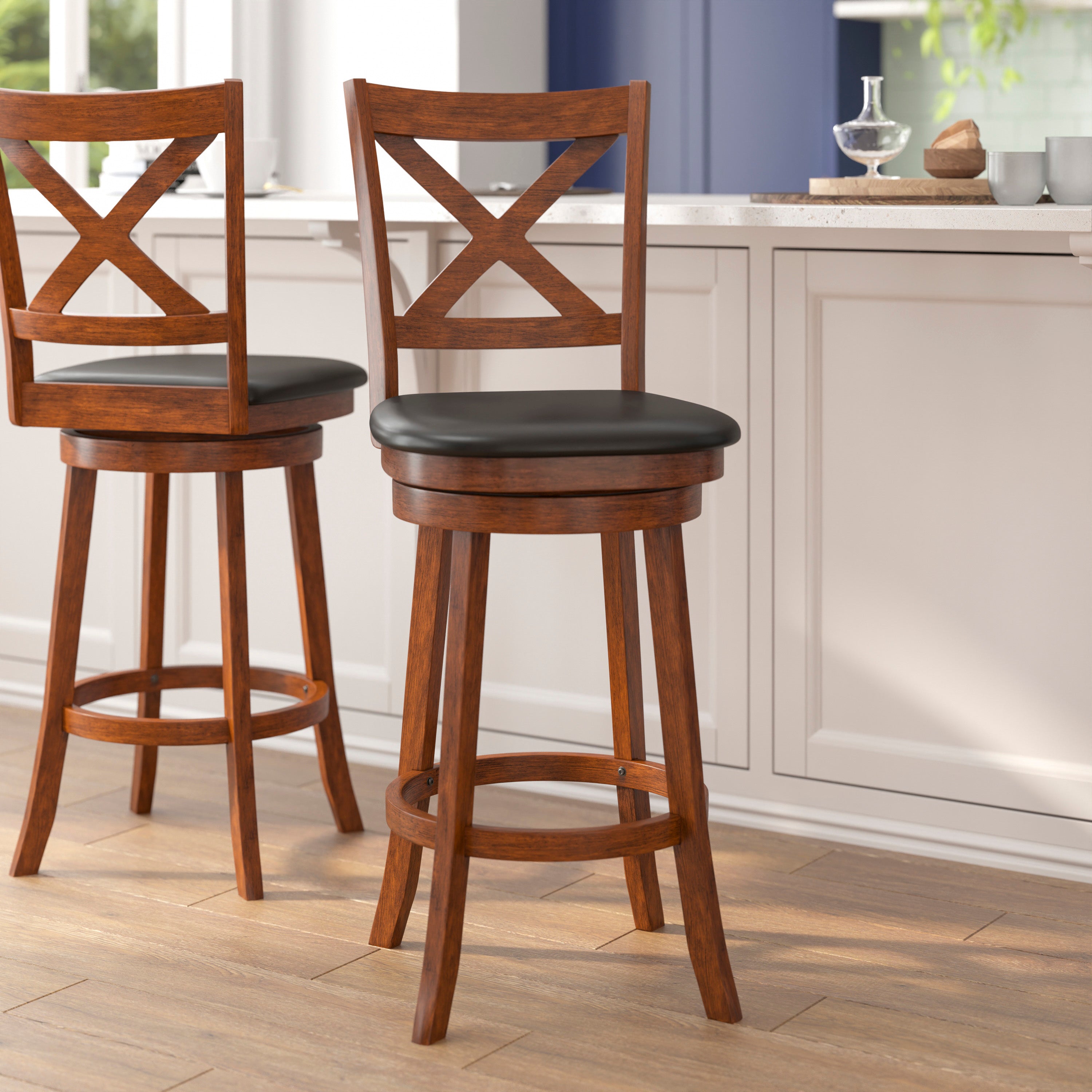 Felicity Wood Classic Crossback Swivel Bar Height Barstool with Padded, Upholstered Seat