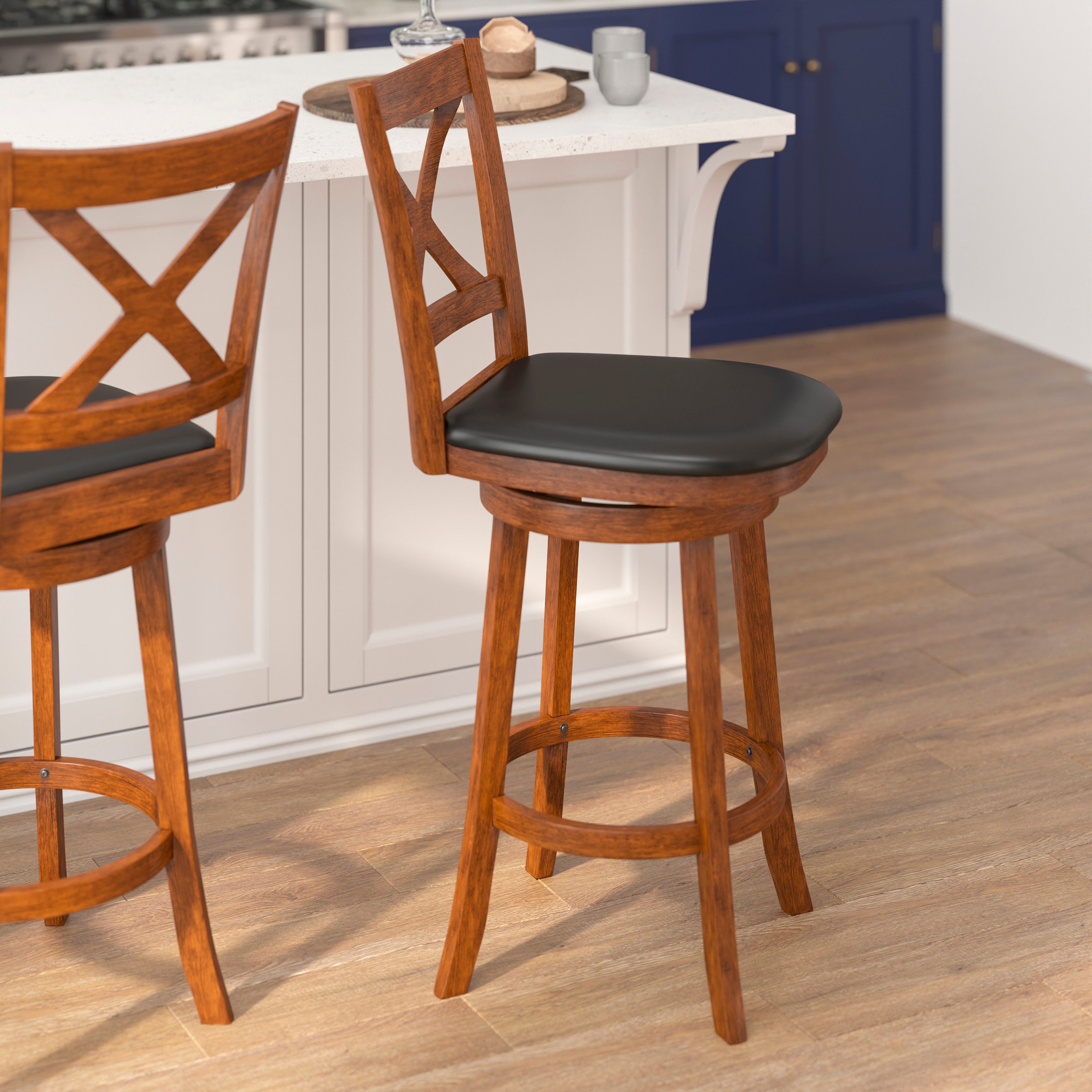 Felicity Wood Classic Crossback Swivel Bar Height Barstool with Padded, Upholstered Seat