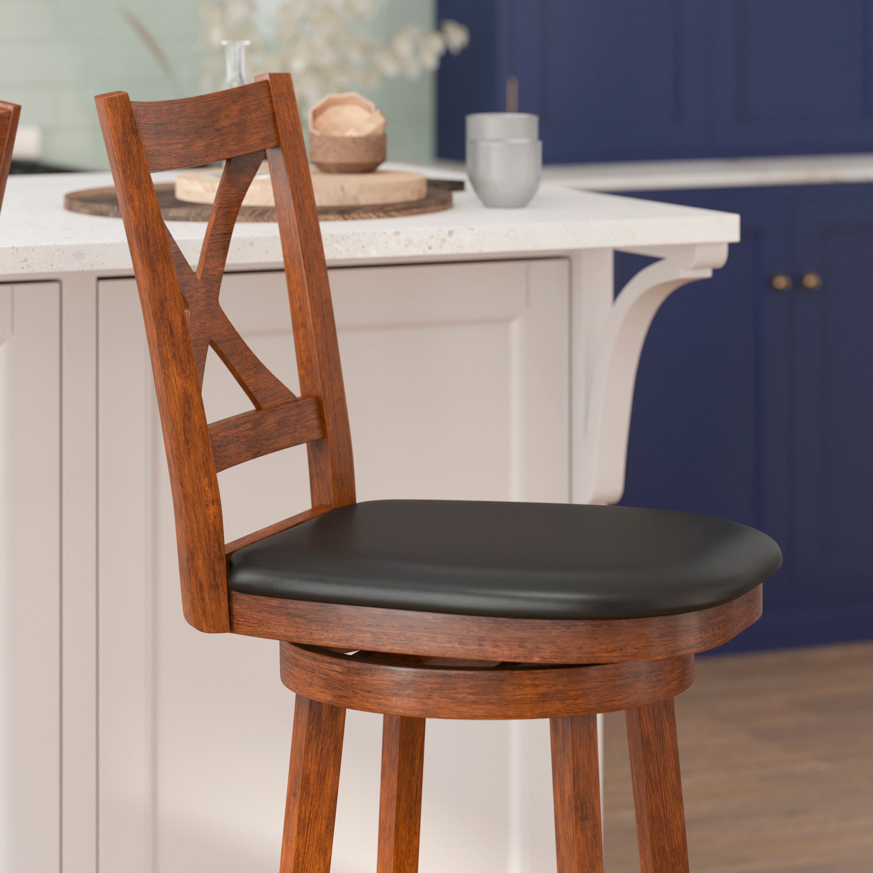 Felicity Wood Classic Crossback Swivel Bar Height Barstool with Padded, Upholstered Seat