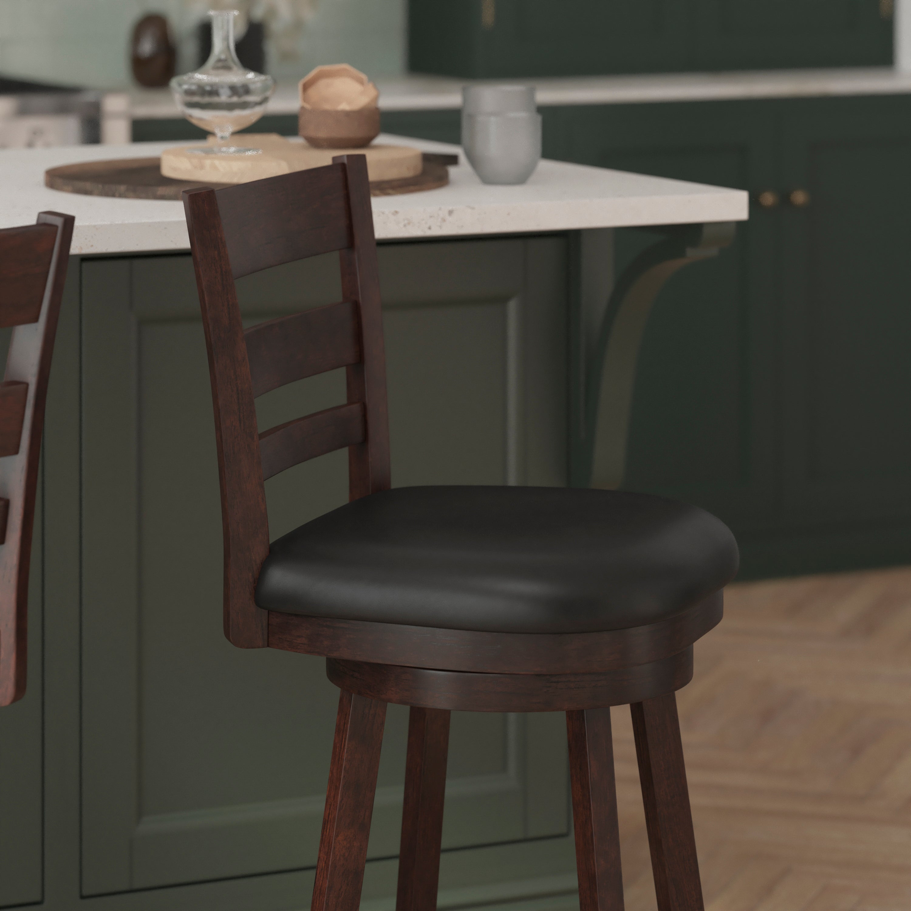 Zerrick Wood Classic Ladderback Swivel Counter Height Barstool with Padded, Upholstered Seat