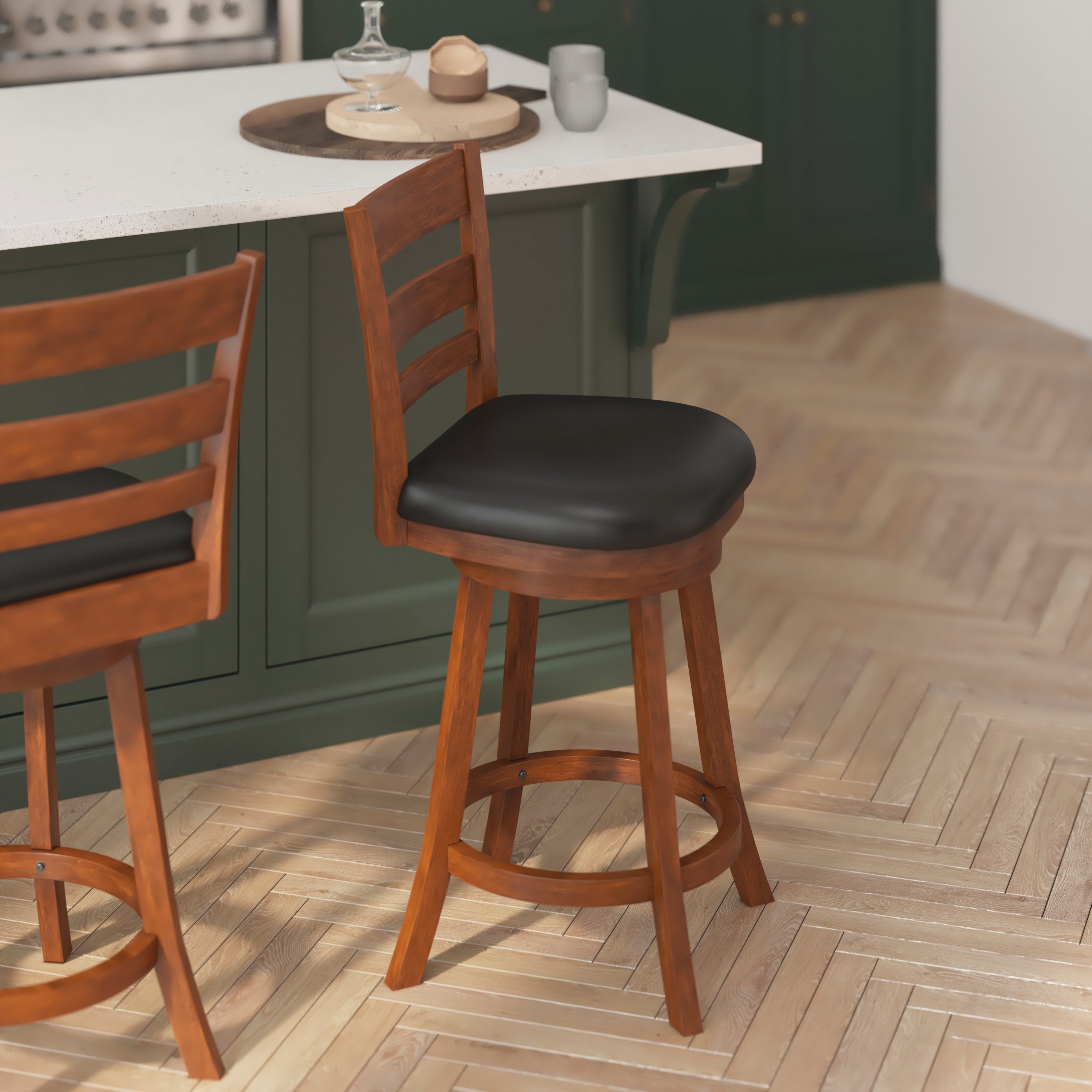 Zerrick Wood Classic Ladderback Swivel Counter Height Barstool with Padded, Upholstered Seat