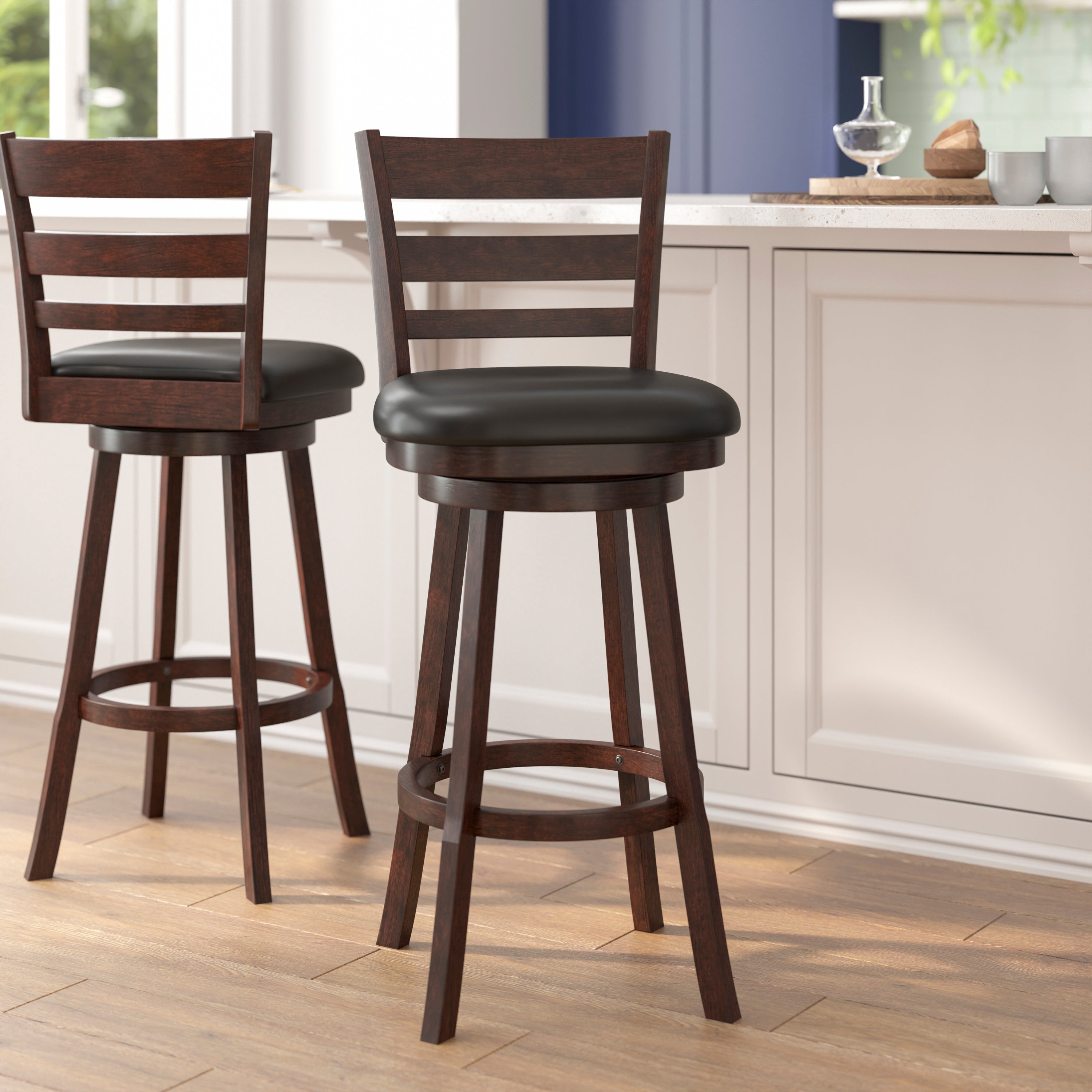 Zerrick Wood Classic Ladderback Swivel Bar Height Barstool with Padded, Upholstered Seat