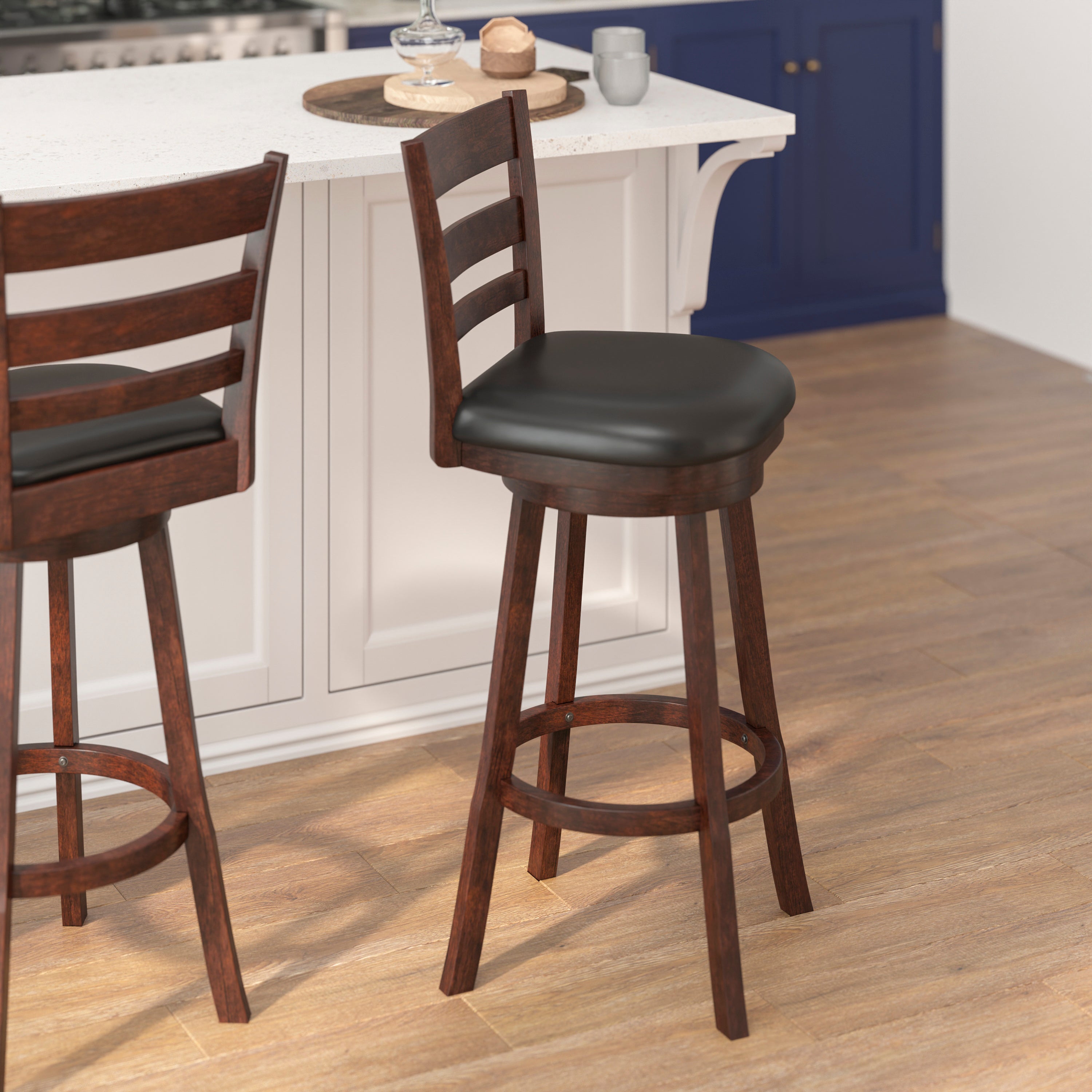 Zerrick Wood Classic Ladderback Swivel Bar Height Barstool with Padded, Upholstered Seat