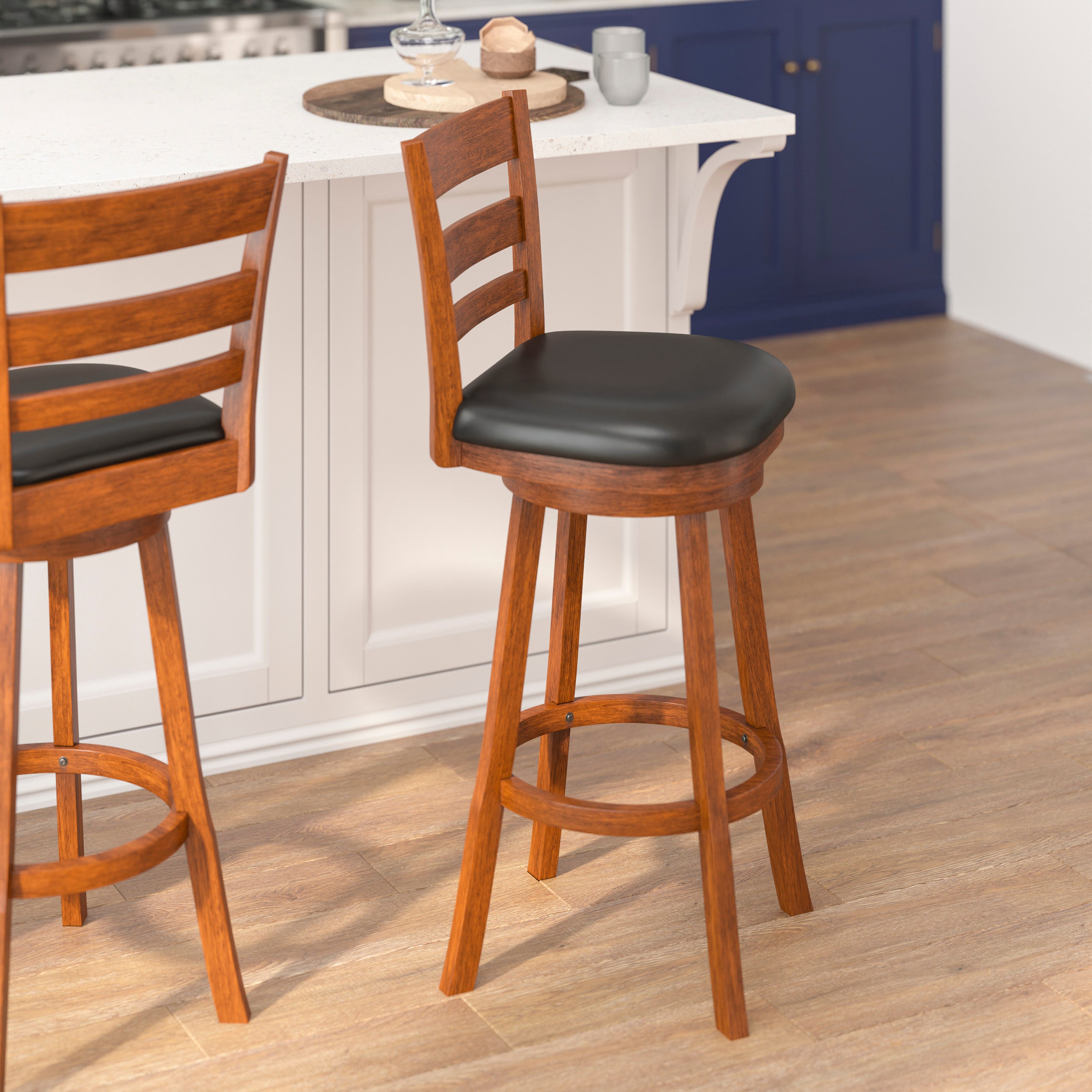 Zerrick Wood Classic Ladderback Swivel Bar Height Barstool with Padded, Upholstered Seat