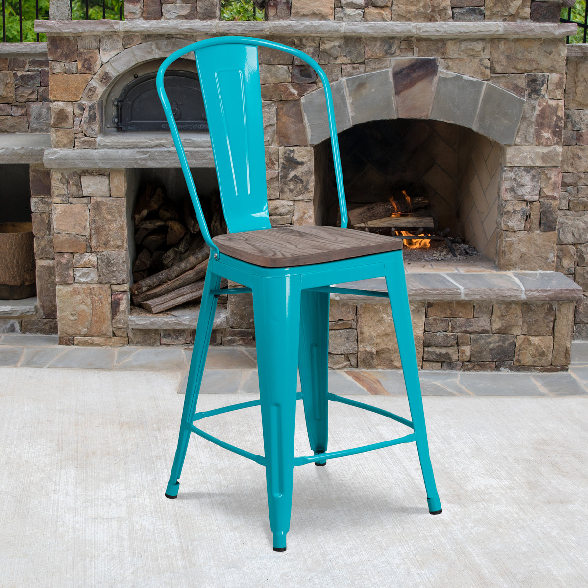 24" High Metal Counter Height Stool with Back and Wood Seat