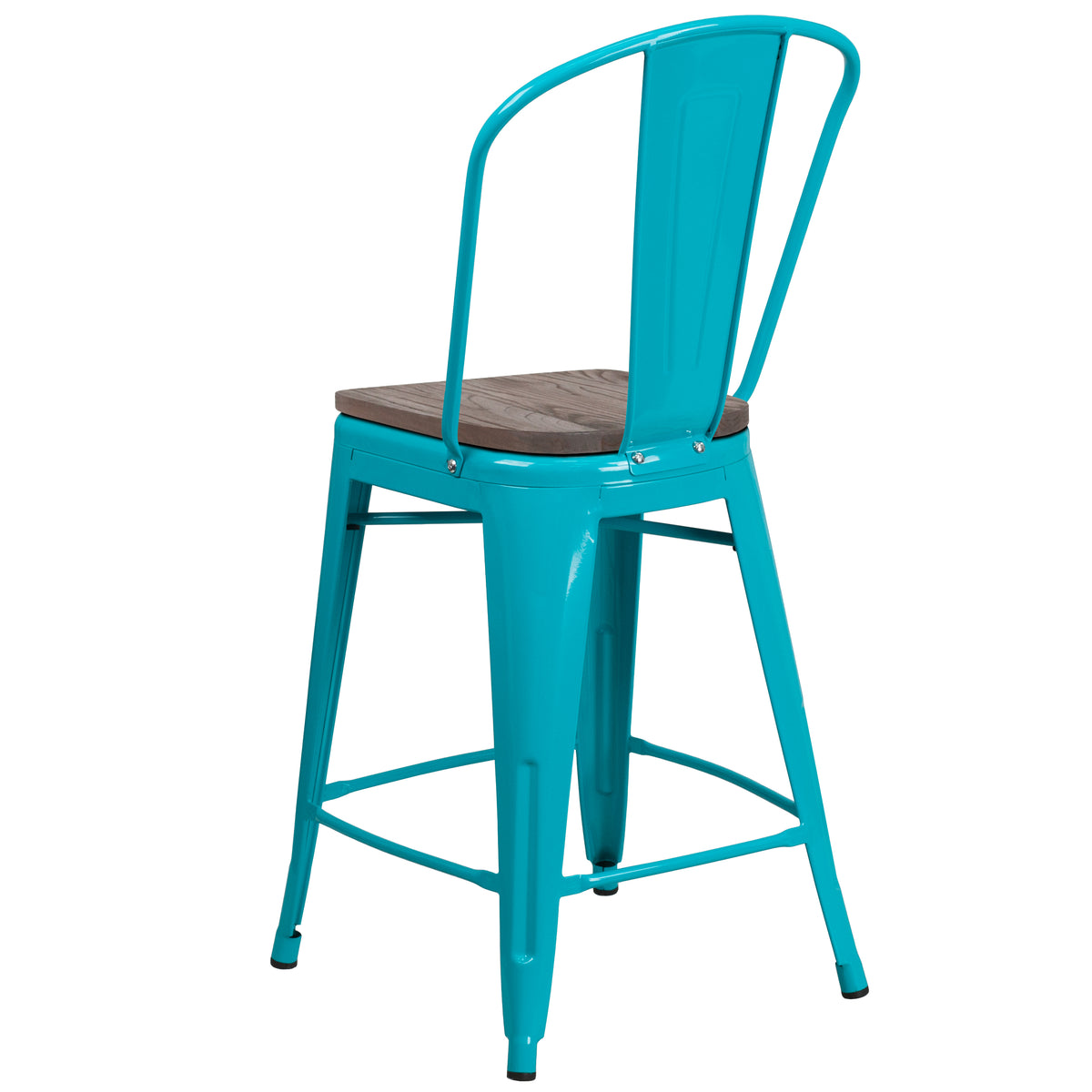 24" High Metal Counter Height Stool with Back and Wood Seat