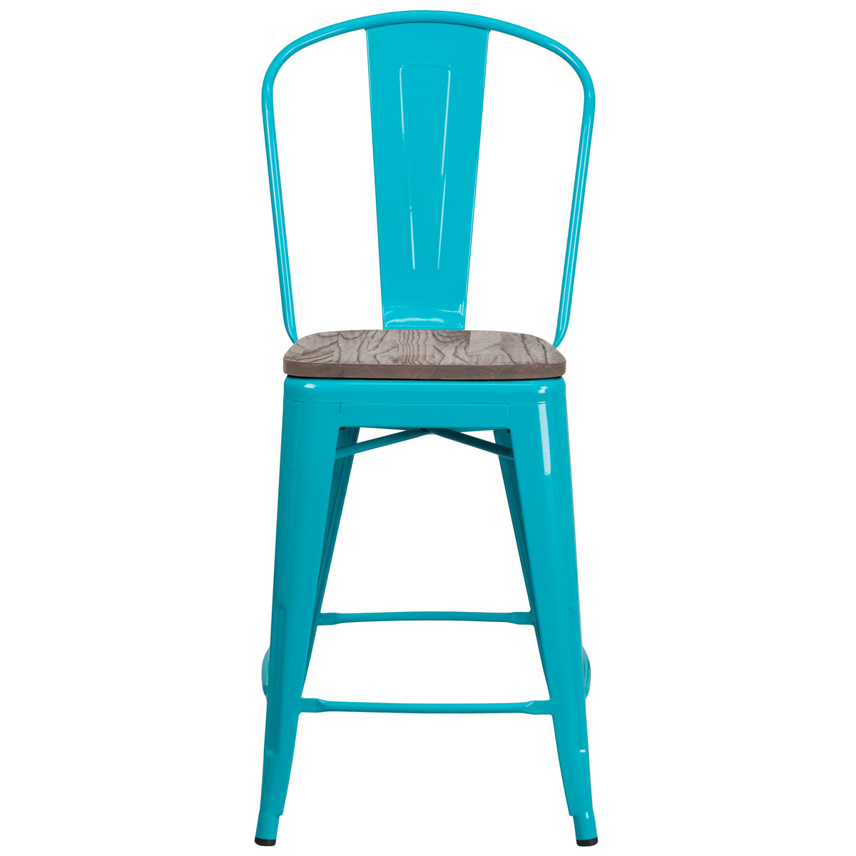 24" High Metal Counter Height Stool with Back and Wood Seat