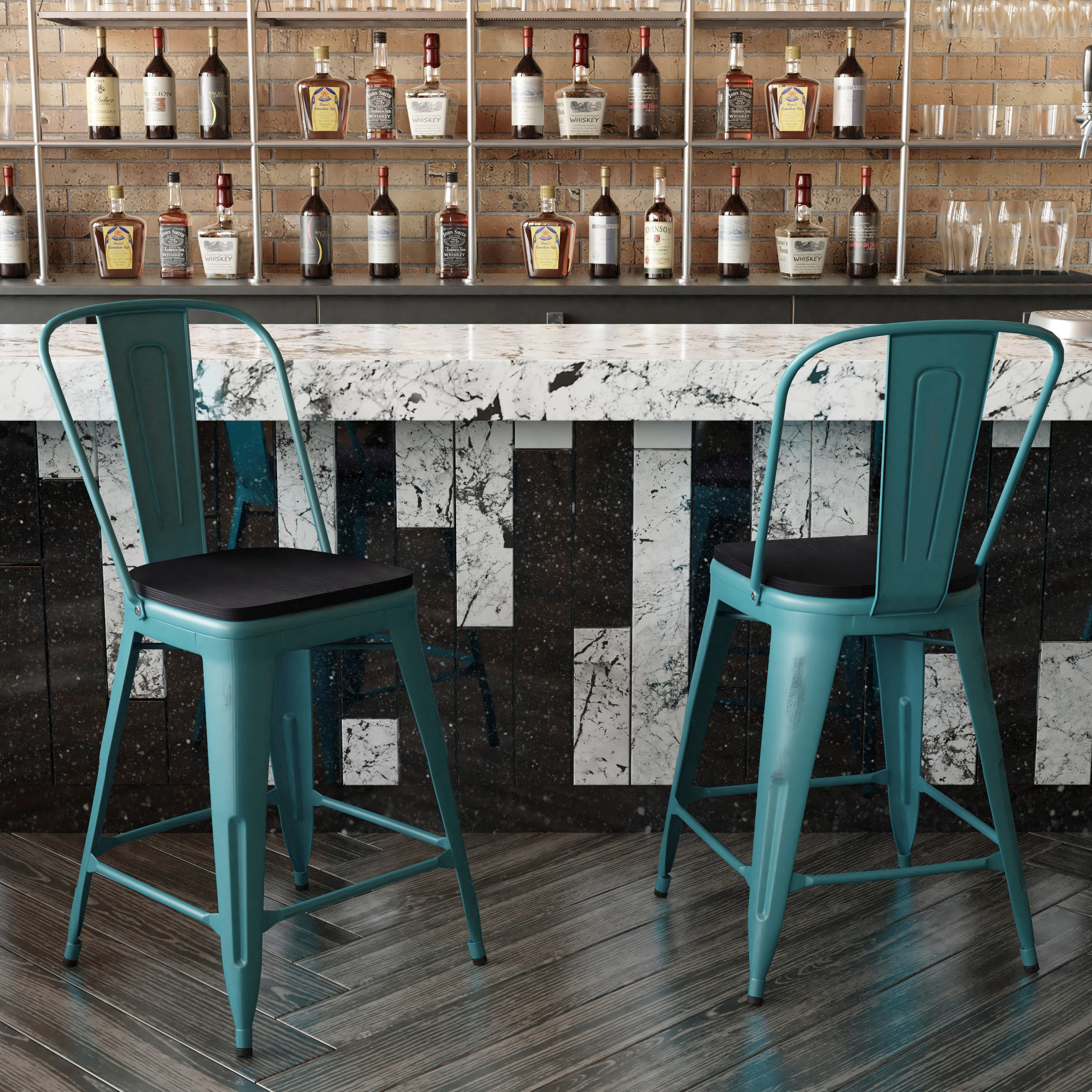 Carly Commercial Grade 24" High Metal Indoor-Outdoor Counter Height Stool with Back and Polystyrene Seat-Metal Colorful Restaurant Counter Stool-Flash Furniture-Wall2Wall Furnishings