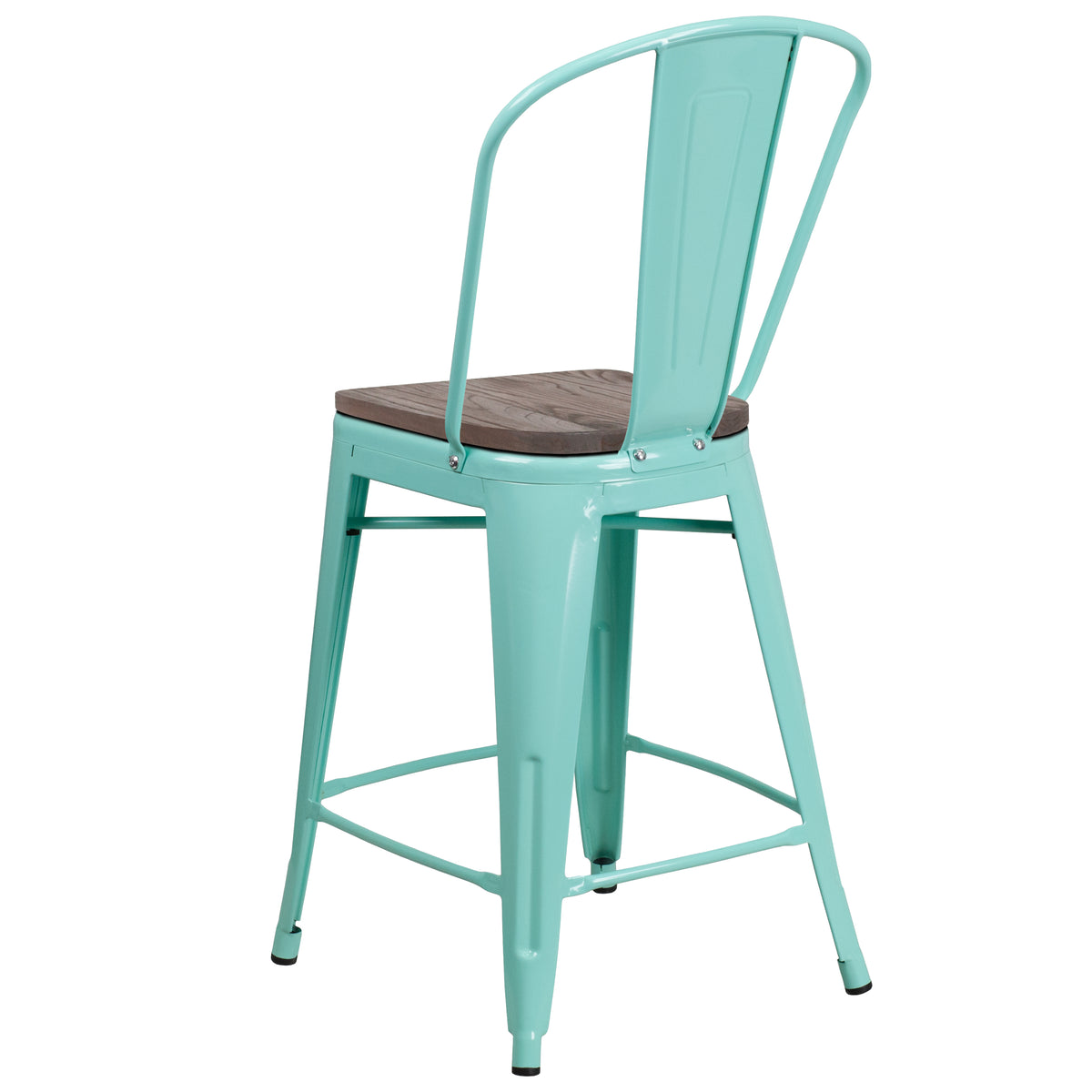 24" High Metal Counter Height Stool with Back and Wood Seat