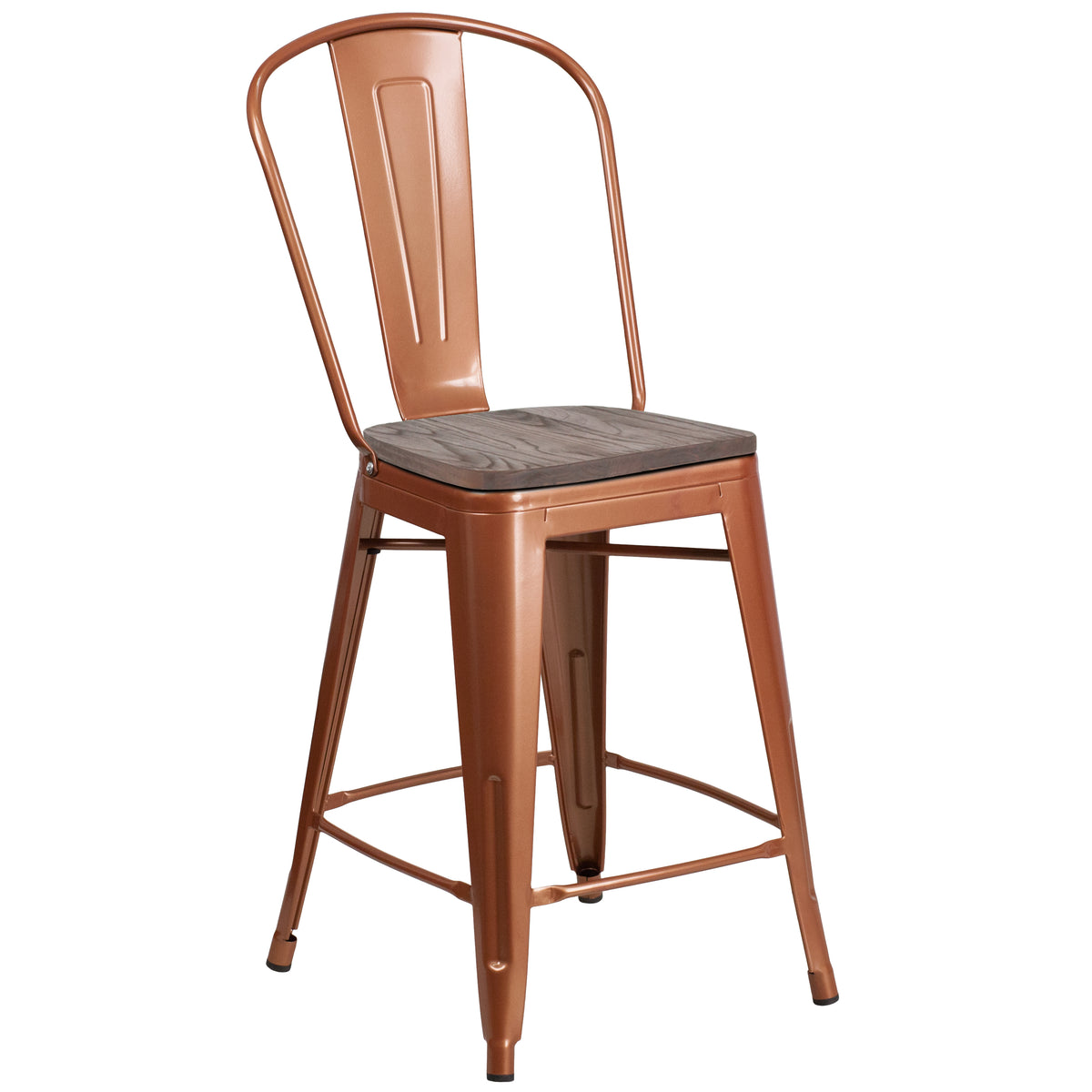 24" High Metal Counter Height Stool with Back and Wood Seat