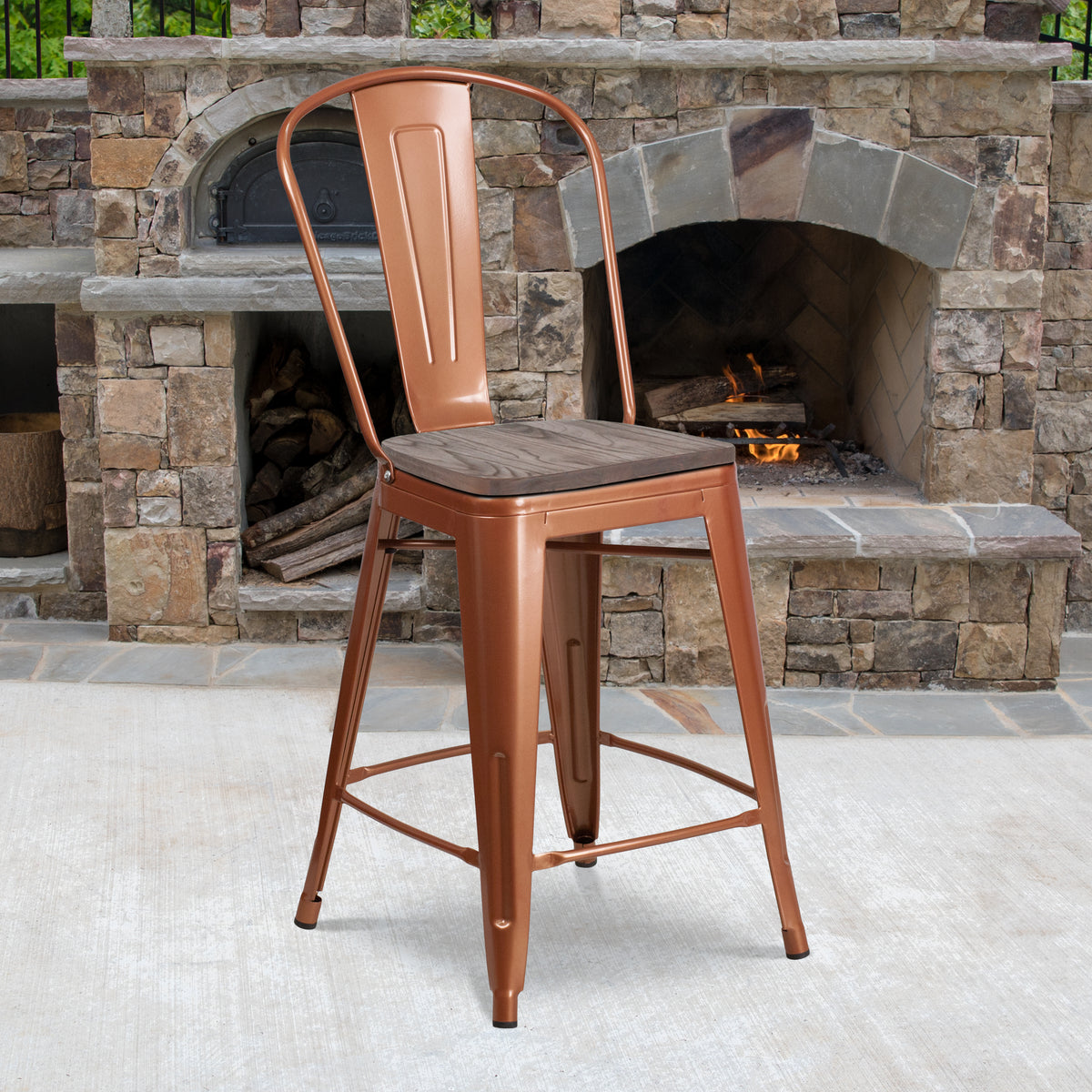 24" High Metal Counter Height Stool with Back and Wood Seat