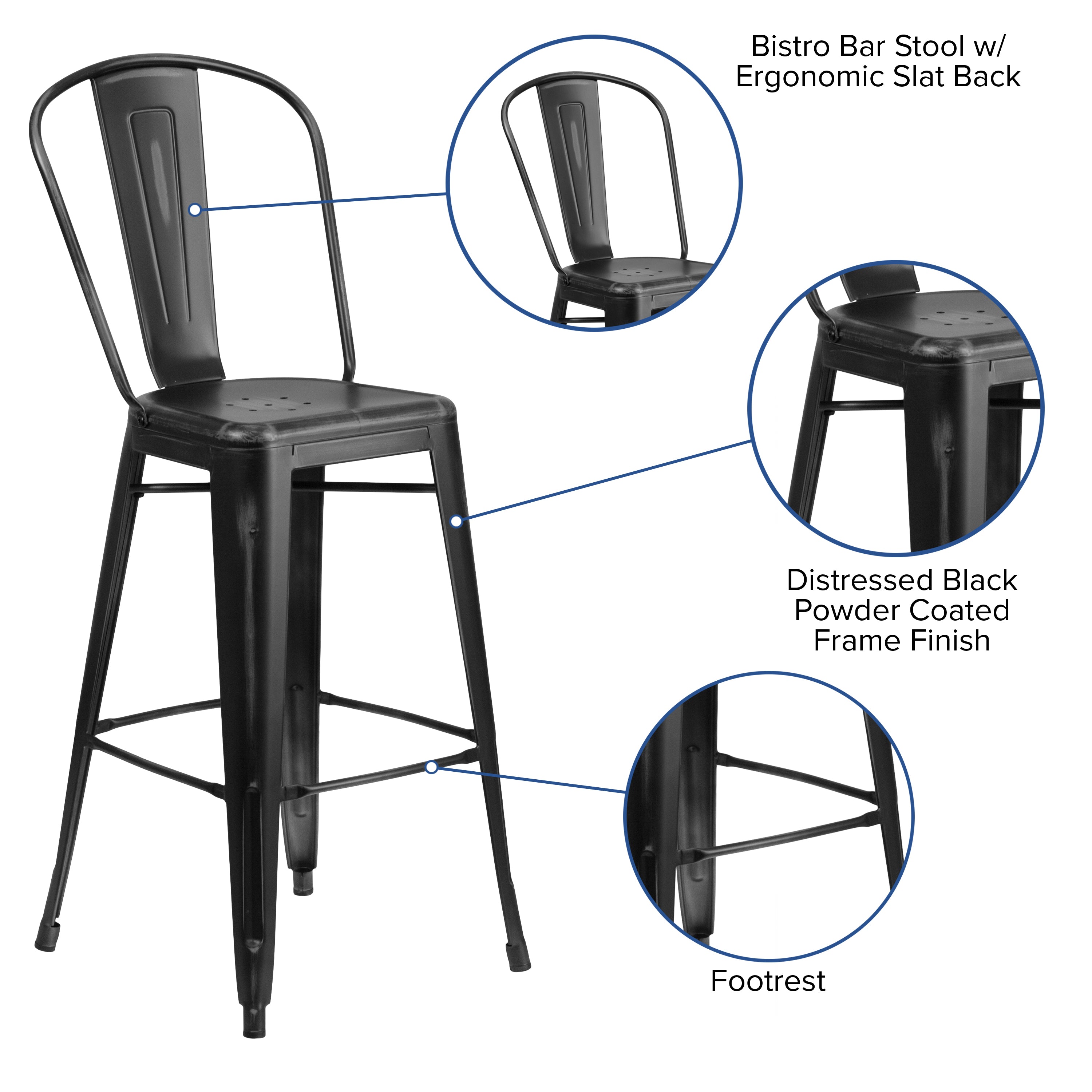 Commercial Grade 30" High Distressed Metal Indoor-Outdoor Barstool with Back-Bar Stool-Flash Furniture-Wall2Wall Furnishings