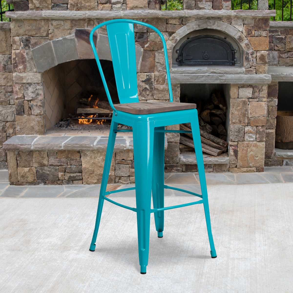 30" High Metal Barstool with Back and Wood Seat