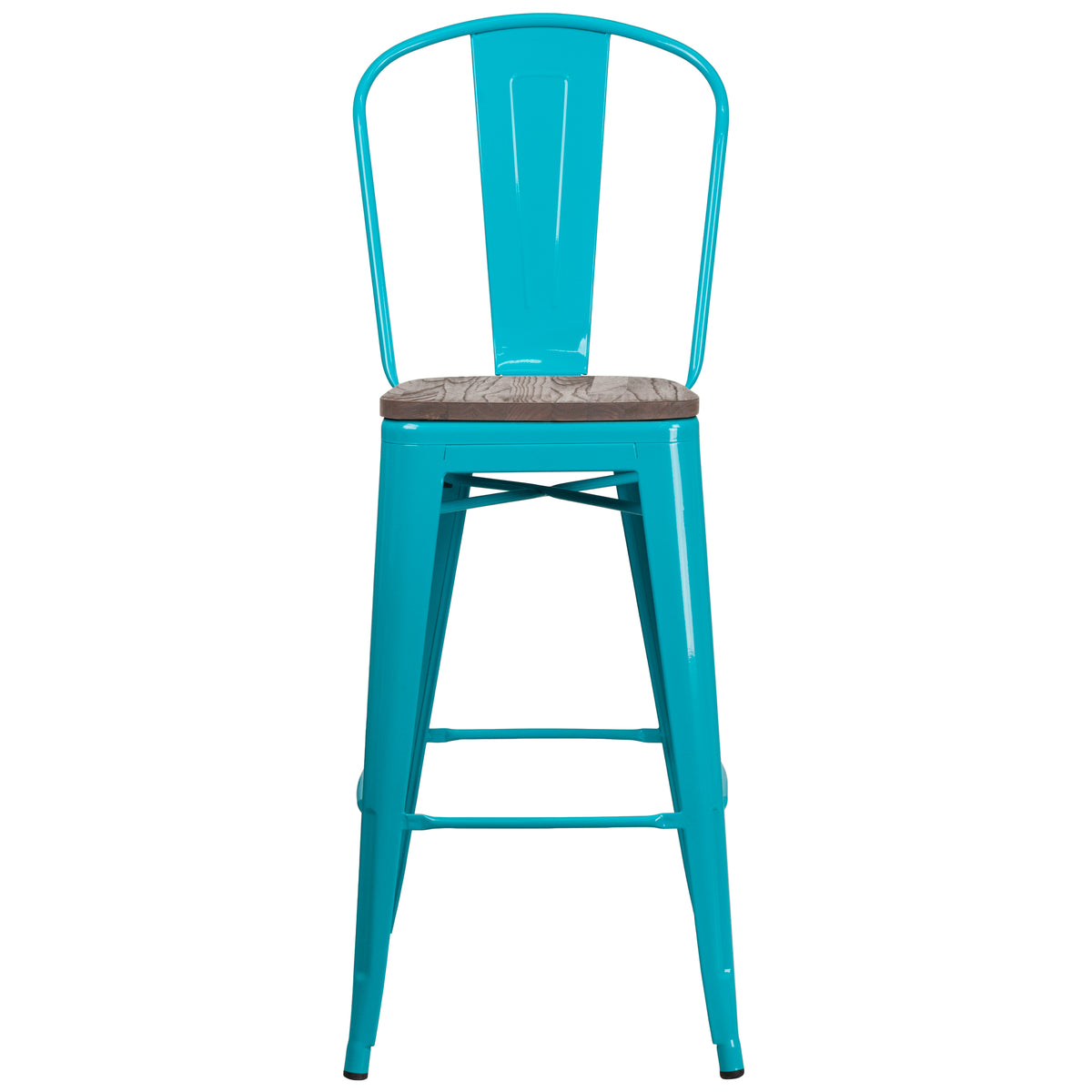 30" High Metal Barstool with Back and Wood Seat