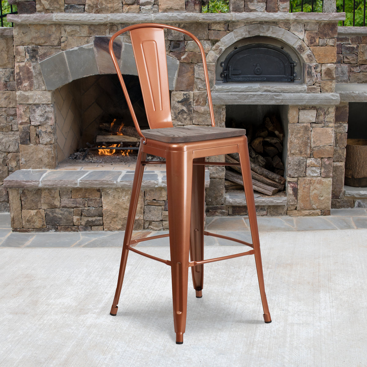 30" High Metal Barstool with Back and Wood Seat