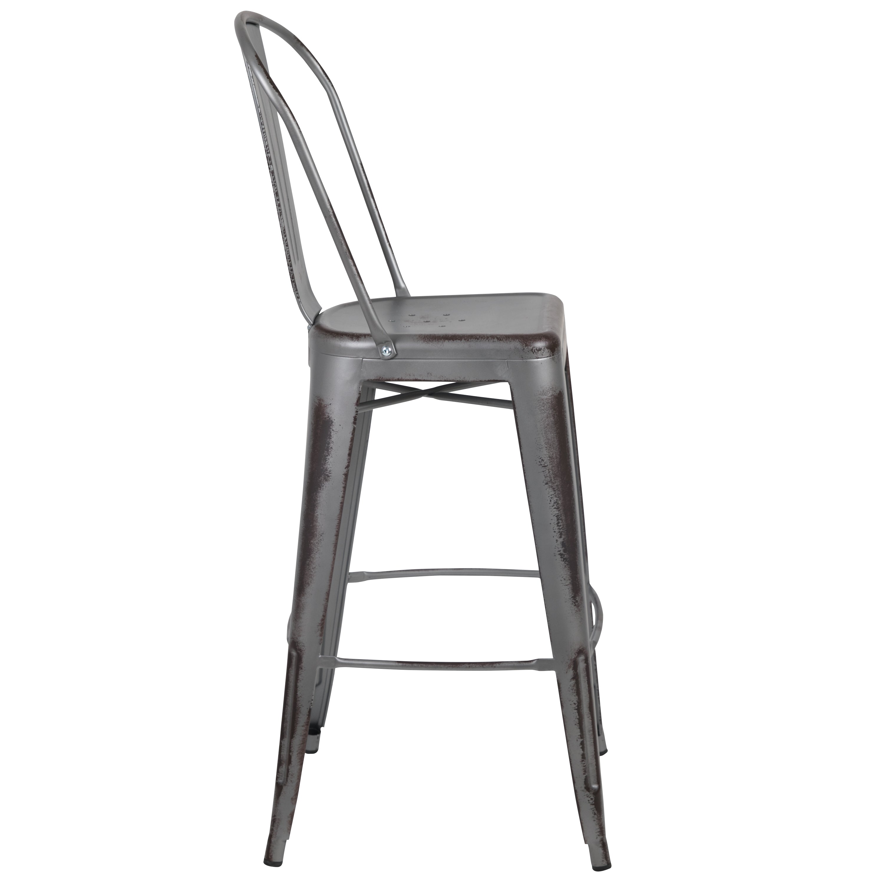 Commercial Grade 30" High Distressed Metal Indoor-Outdoor Barstool with Back-Bar Stool-Flash Furniture-Wall2Wall Furnishings