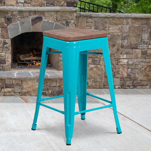 24" High Backless Counter Height Stool with Square Wood Seat