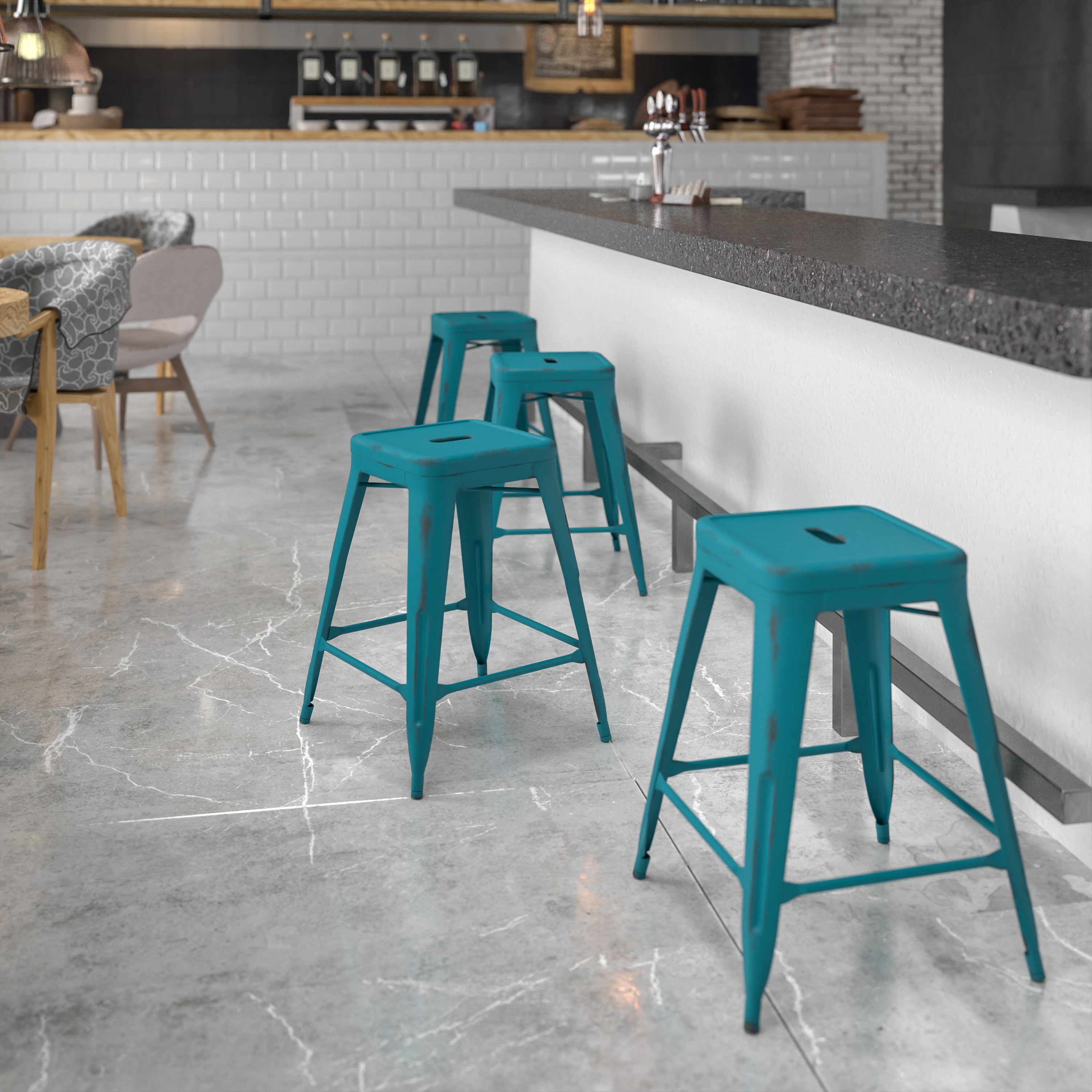 Commercial Grade 24" High Backless Distressed Metal Indoor-Outdoor Counter Height Stool-Indoor/Outdoor Bar Stool-Flash Furniture-Wall2Wall Furnishings