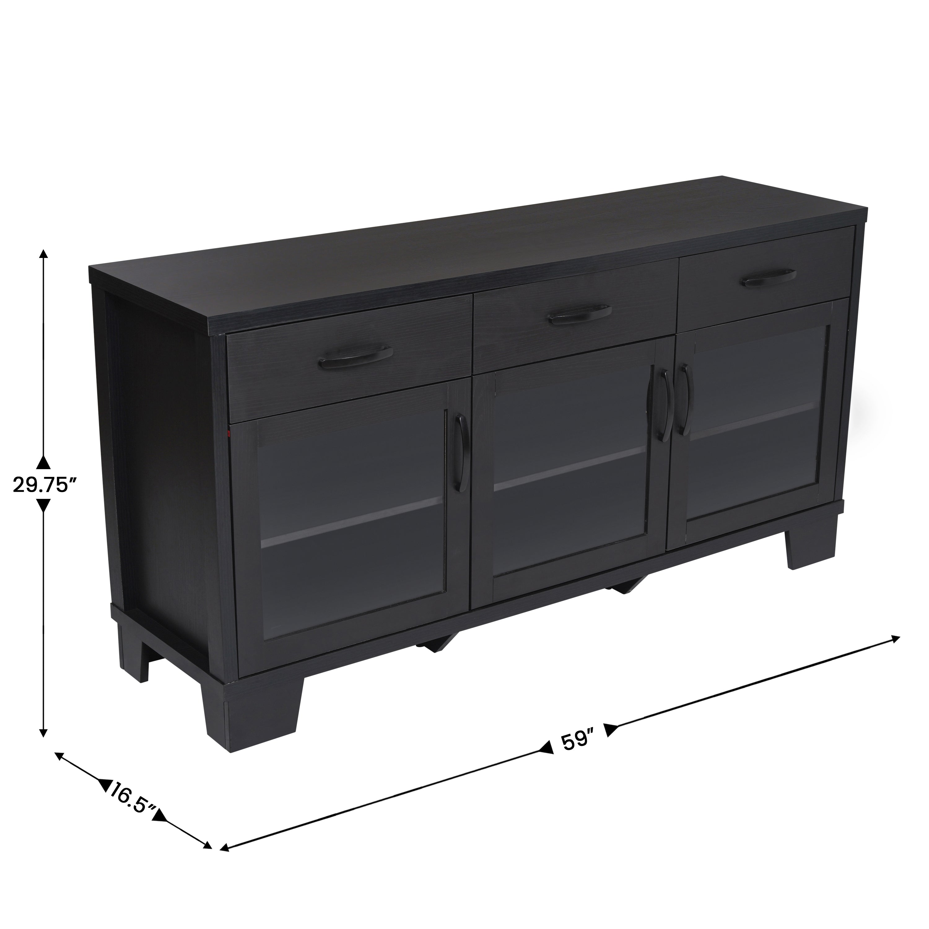 Wells Modern Kitchen and Dining Room Buffet Sideboard Storage Cabinet, Engineered Wood with 3 Tempered Glass Doors and 3 Drawers