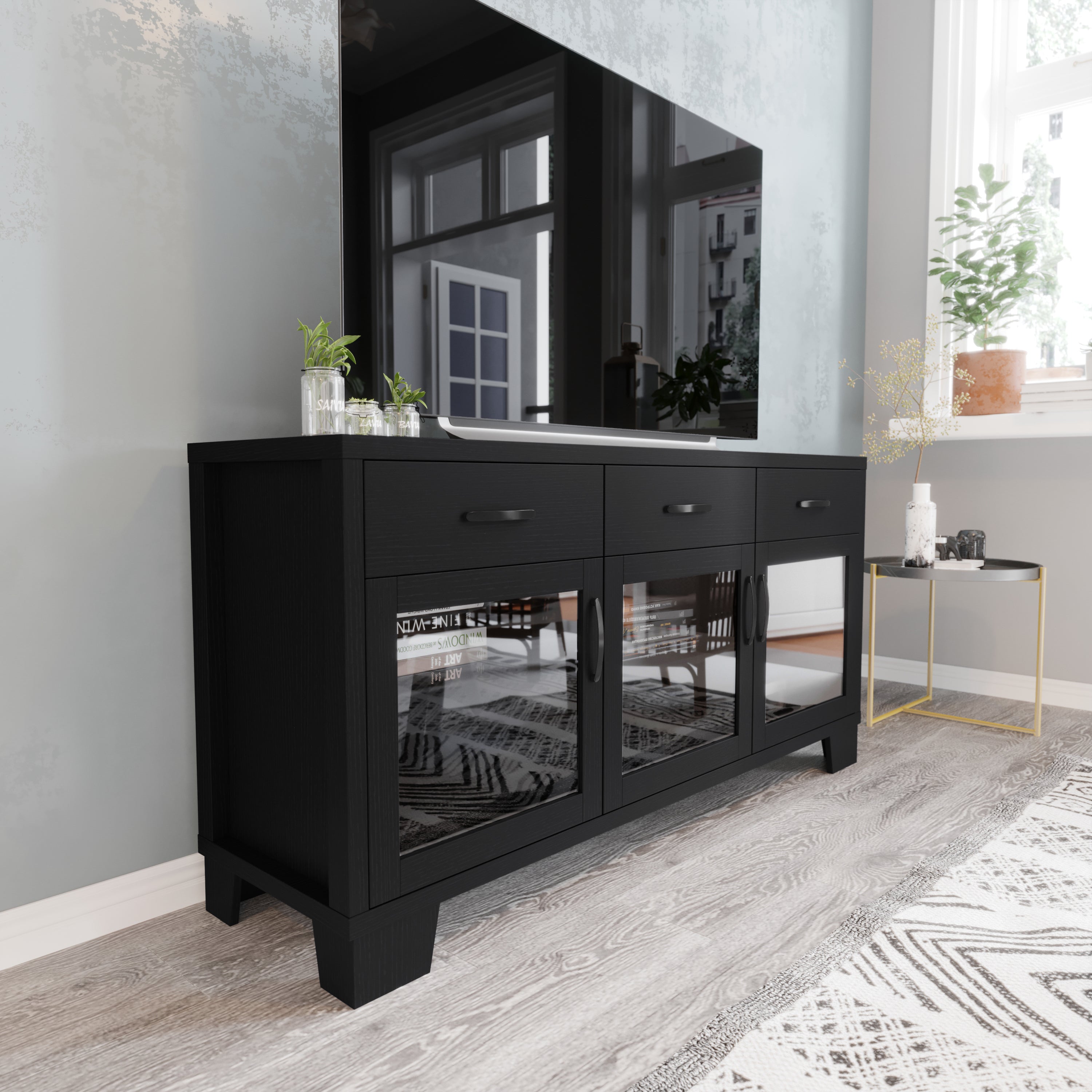 Wells Modern Kitchen and Dining Room Buffet Sideboard Storage Cabinet, Engineered Wood with 3 Tempered Glass Doors and 3 Drawers