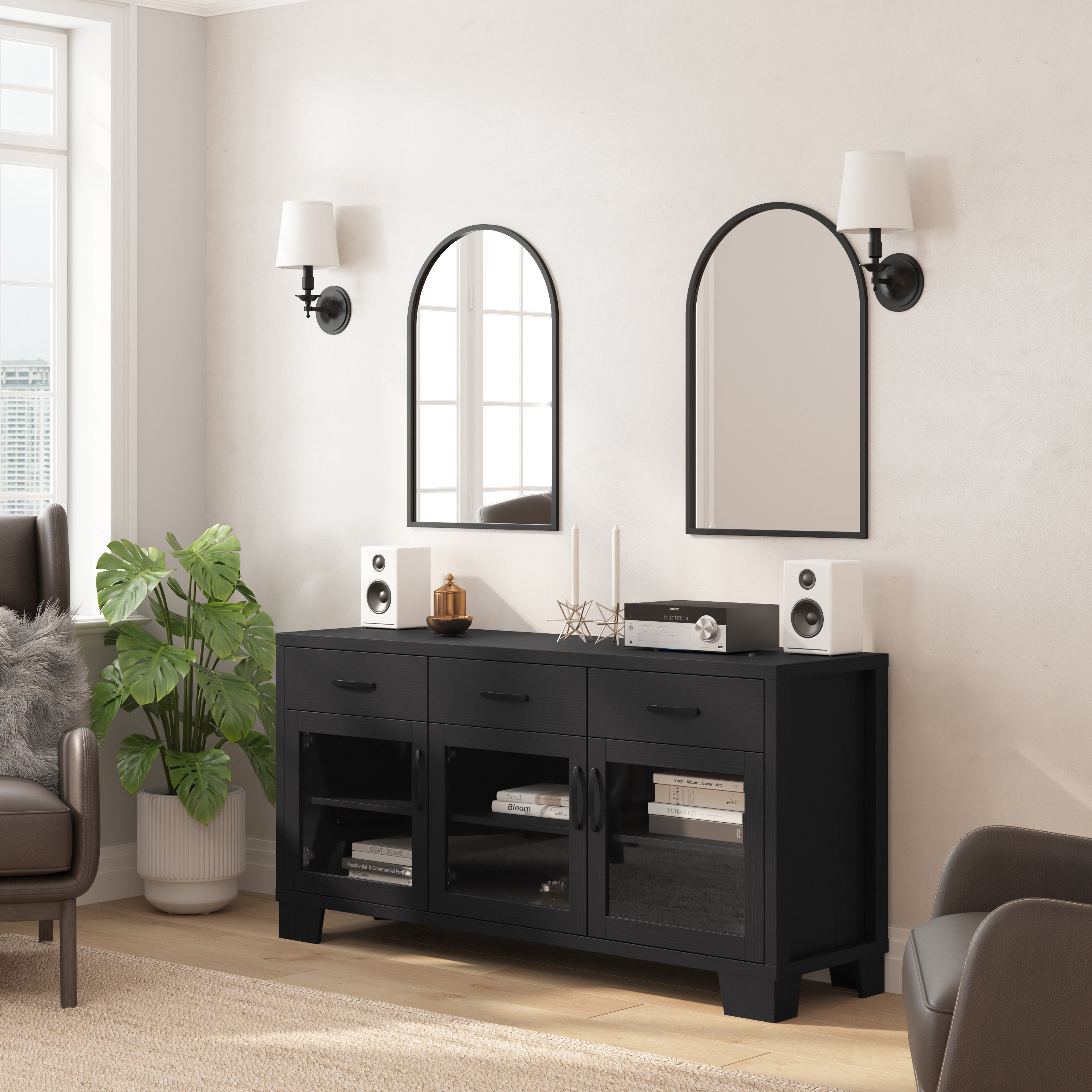 Wells Modern Kitchen and Dining Room Buffet Sideboard Storage Cabinet, Engineered Wood with 3 Tempered Glass Doors and 3 Drawers