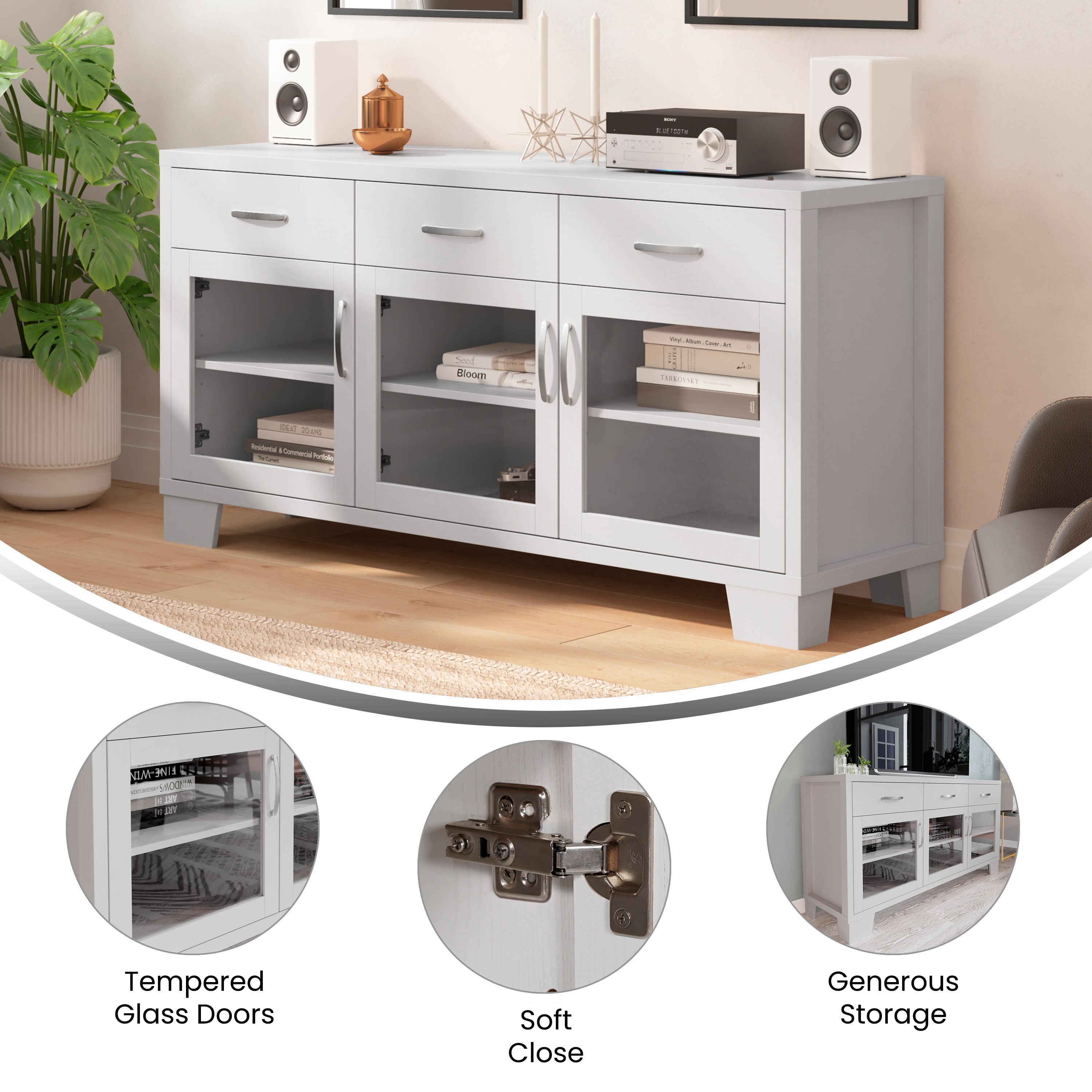 Wells Modern Kitchen and Dining Room Buffet Sideboard Storage Cabinet, Engineered Wood with 3 Tempered Glass Doors and 3 Drawers