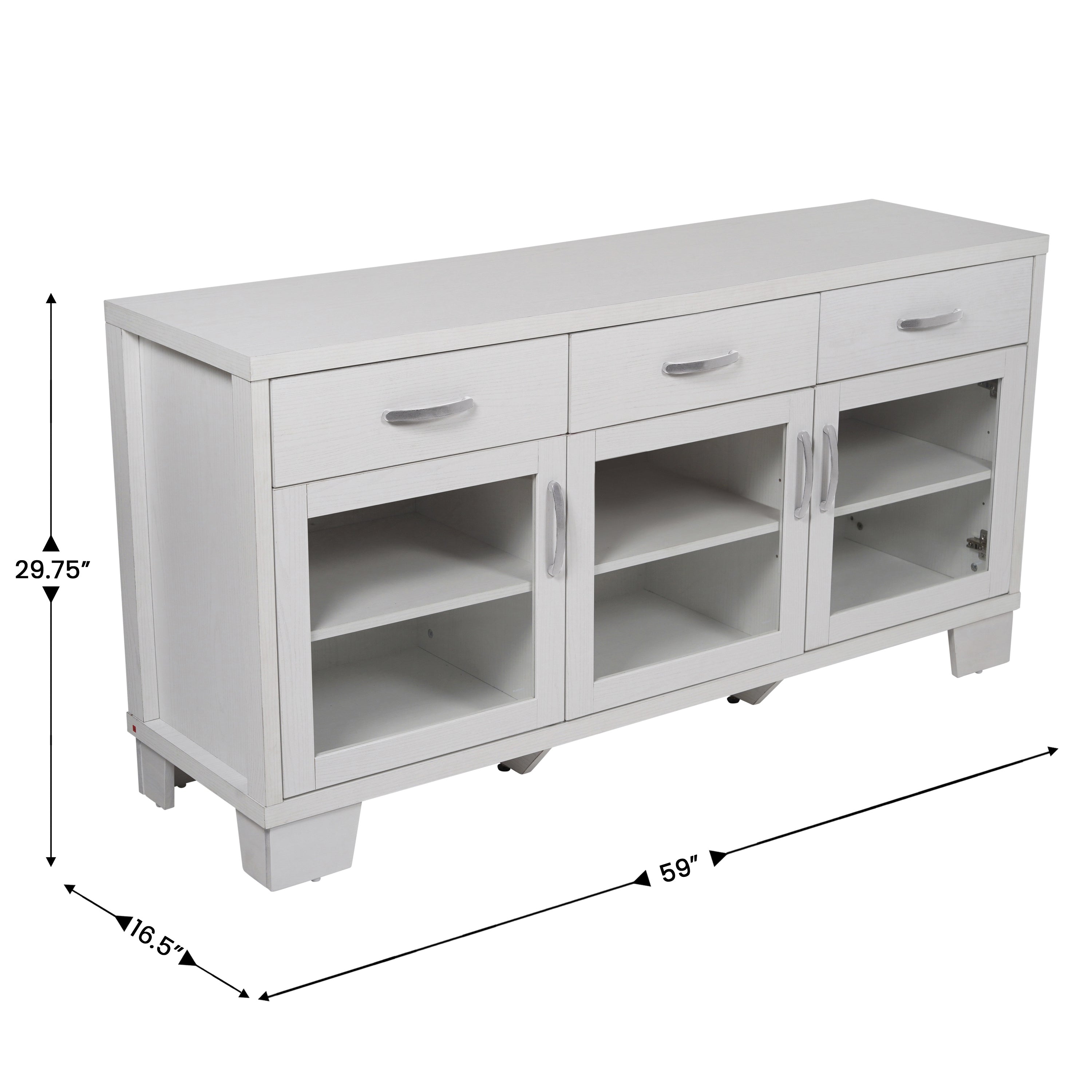 Wells Modern Kitchen and Dining Room Buffet Sideboard Storage Cabinet, Engineered Wood with 3 Tempered Glass Doors and 3 Drawers