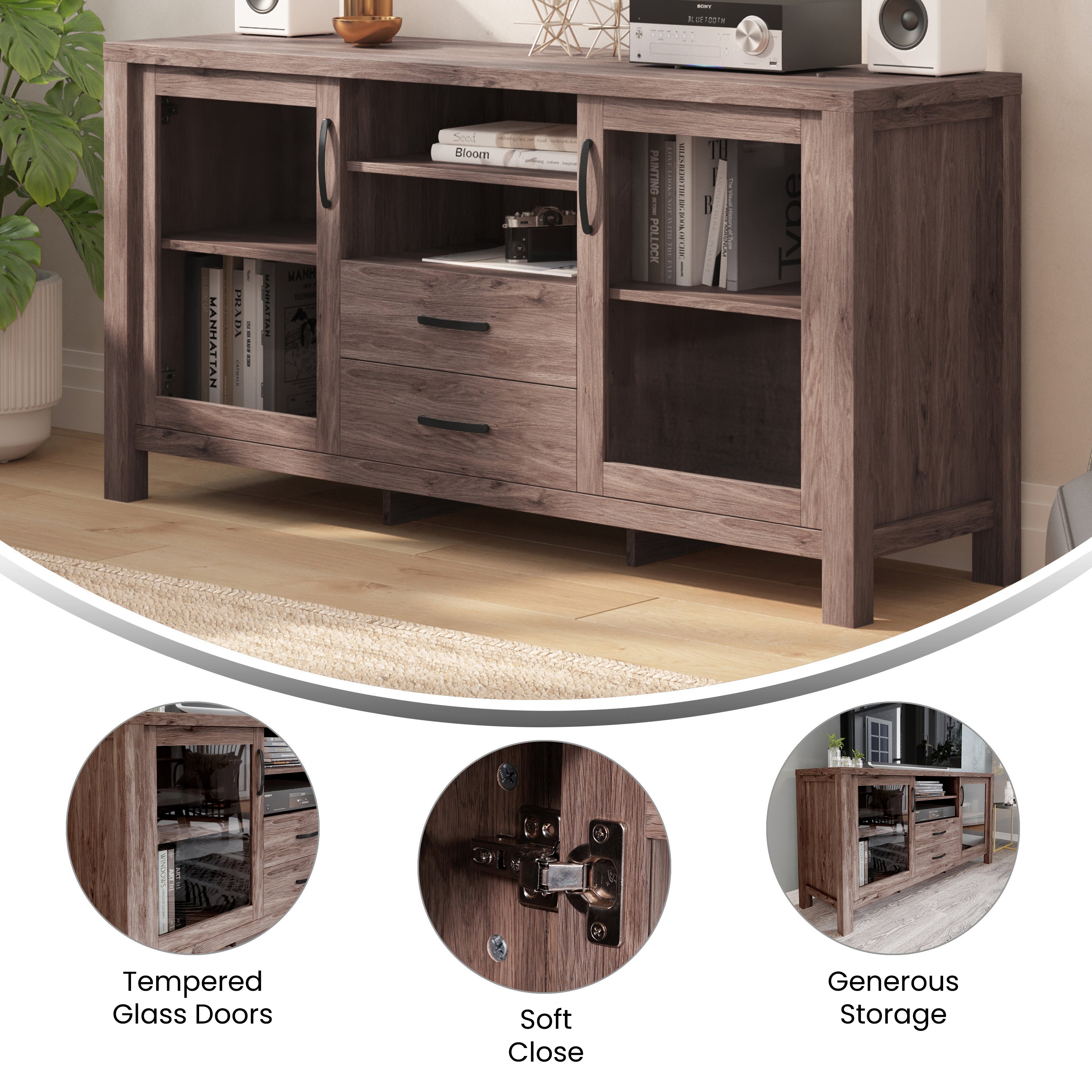 Dion Modern Kitchen and Dining Room Buffet Sideboard Storage Cabinet, Engineered Wood with 2 Tempered Glass Doors, 2 Drawers, Open Shelf