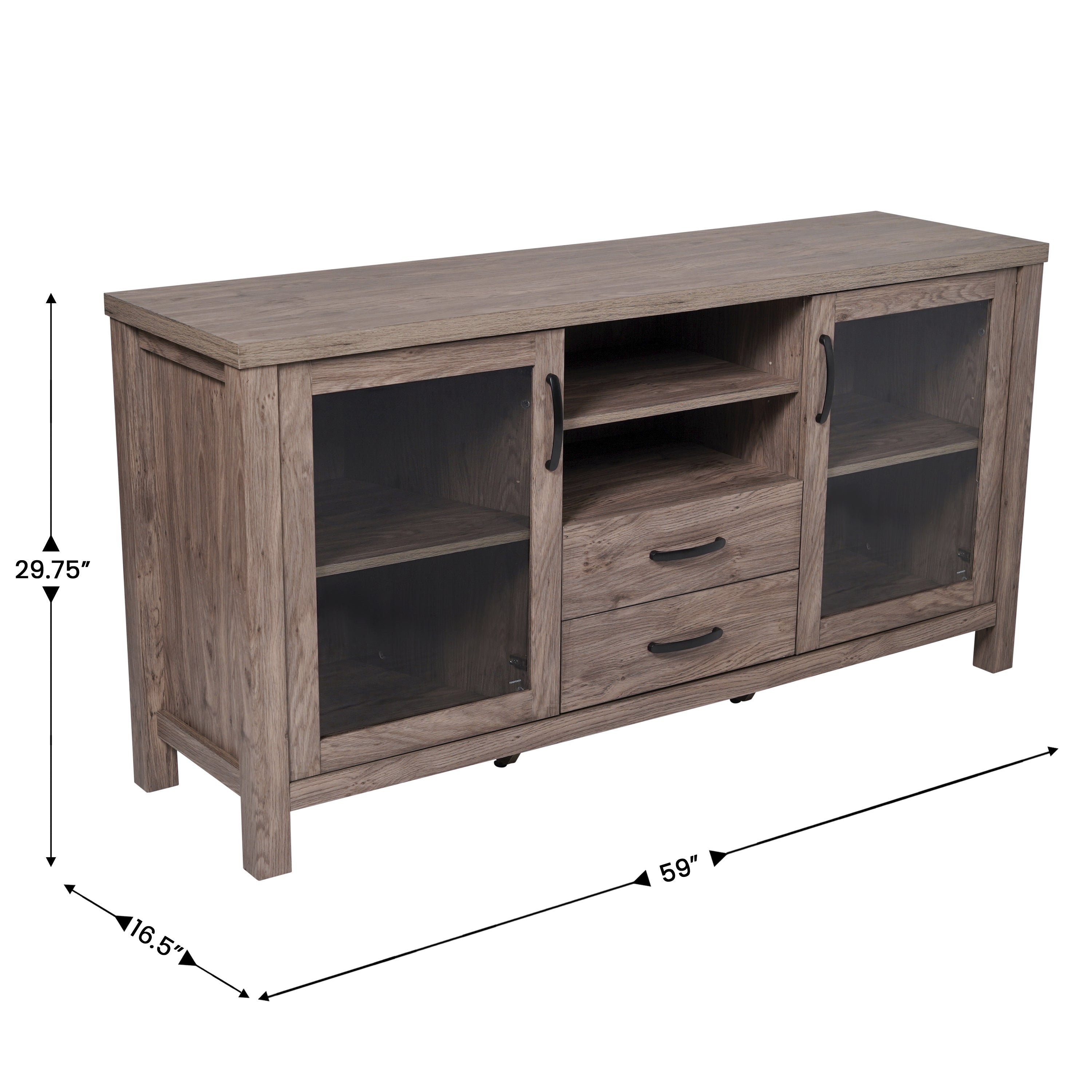 Dion Modern Kitchen and Dining Room Buffet Sideboard Storage Cabinet, Engineered Wood with 2 Tempered Glass Doors, 2 Drawers, Open Shelf