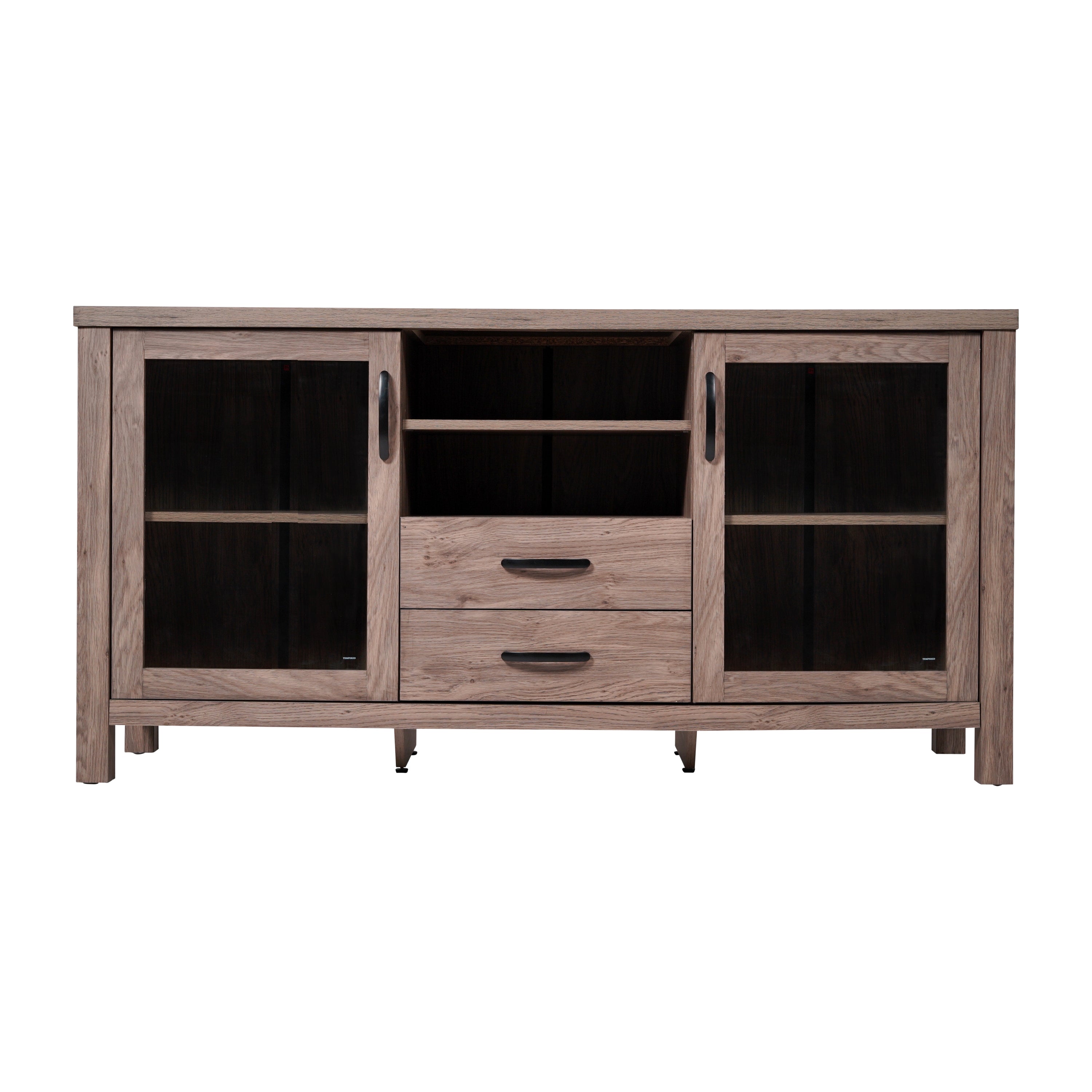 Dion Modern Kitchen and Dining Room Buffet Sideboard Storage Cabinet, Engineered Wood with 2 Tempered Glass Doors, 2 Drawers, Open Shelf