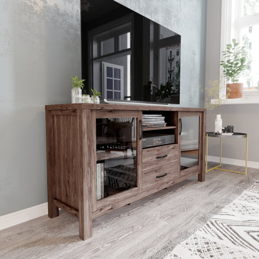 Dion Modern Kitchen and Dining Room Buffet Sideboard Storage Cabinet, Engineered Wood with 2 Tempered Glass Doors, 2 Drawers, Open Shelf