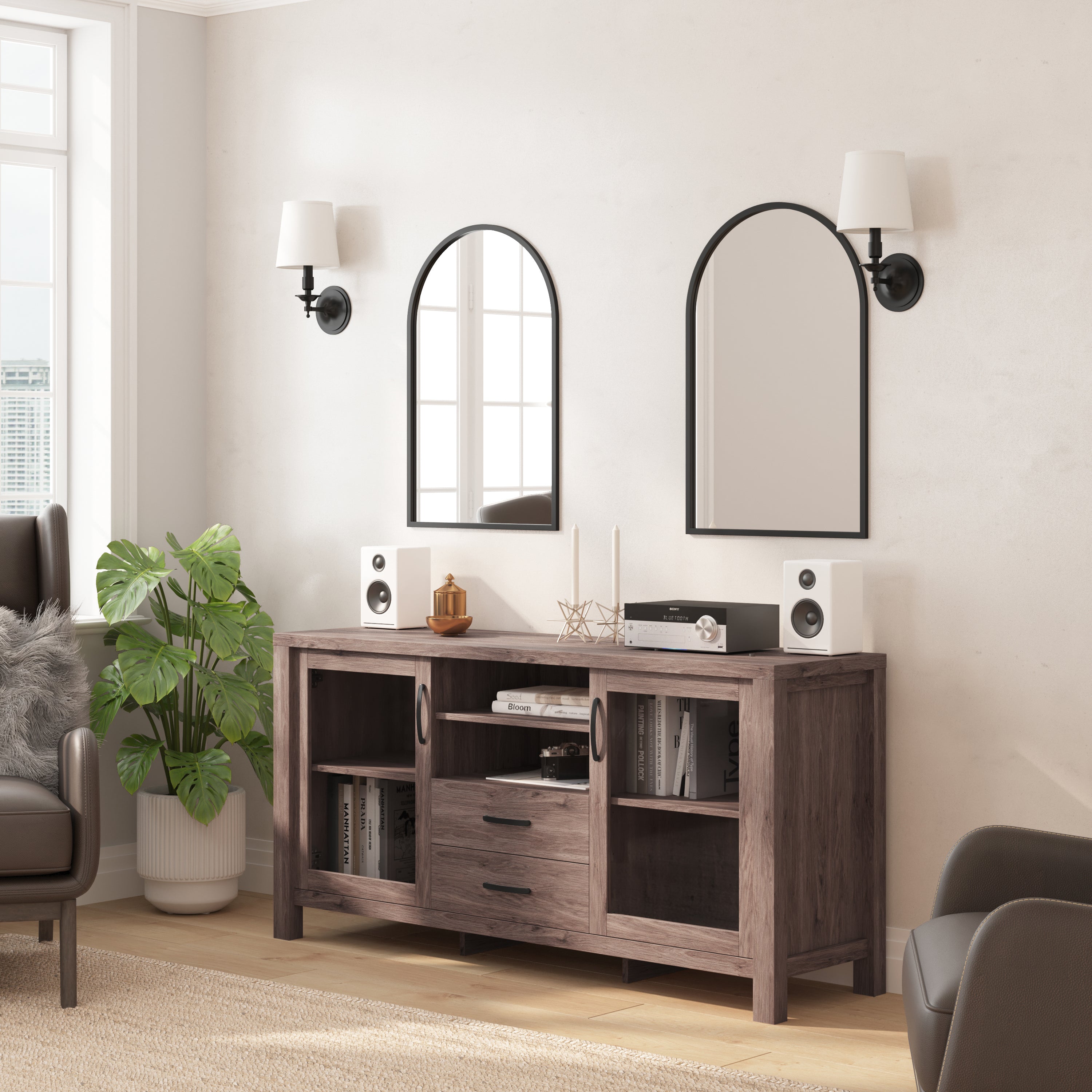 Dion Modern Kitchen and Dining Room Buffet Sideboard Storage Cabinet, Engineered Wood with 2 Tempered Glass Doors, 2 Drawers, Open Shelf