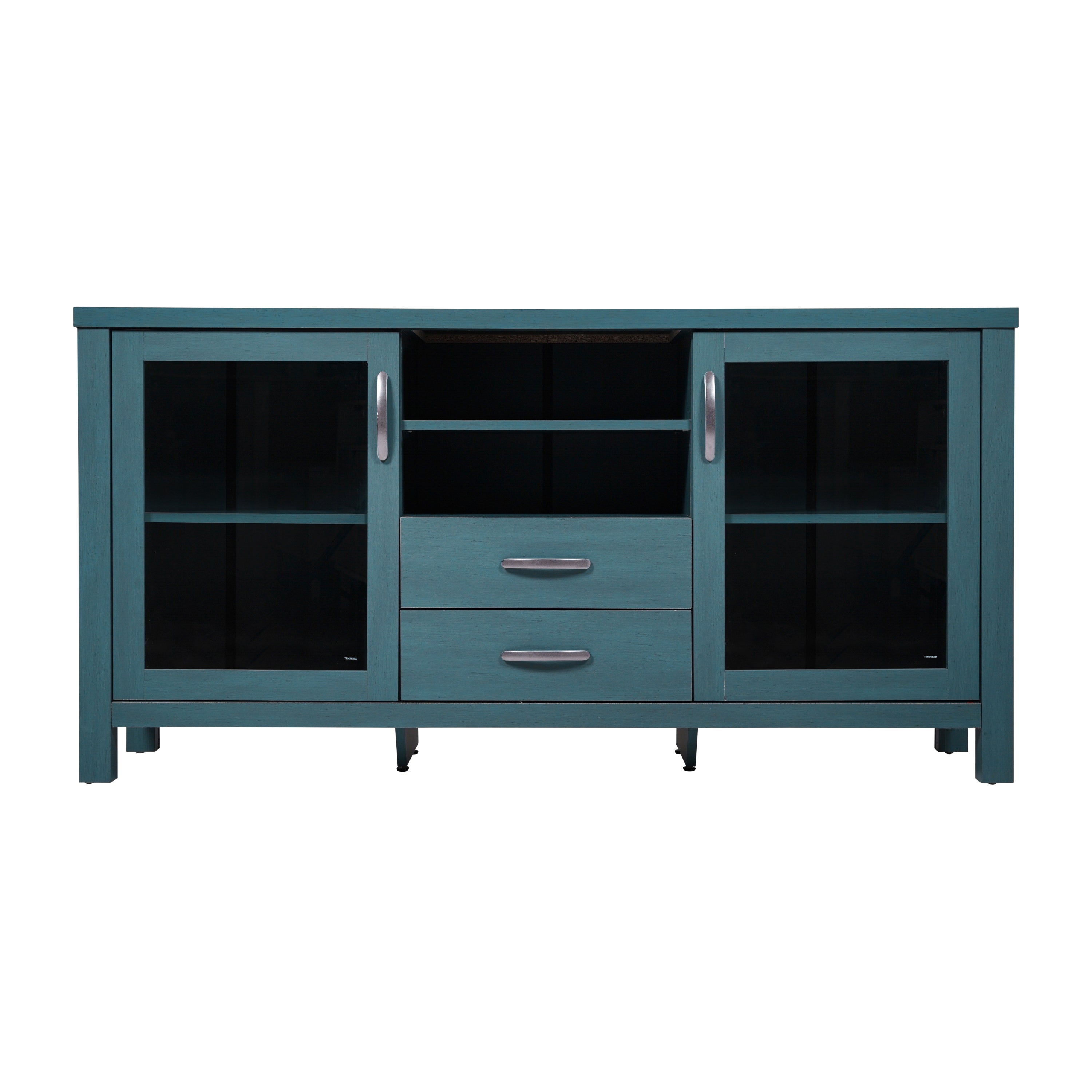 Dion Modern Kitchen and Dining Room Buffet Sideboard Storage Cabinet, Engineered Wood with 2 Tempered Glass Doors, 2 Drawers, Open Shelf
