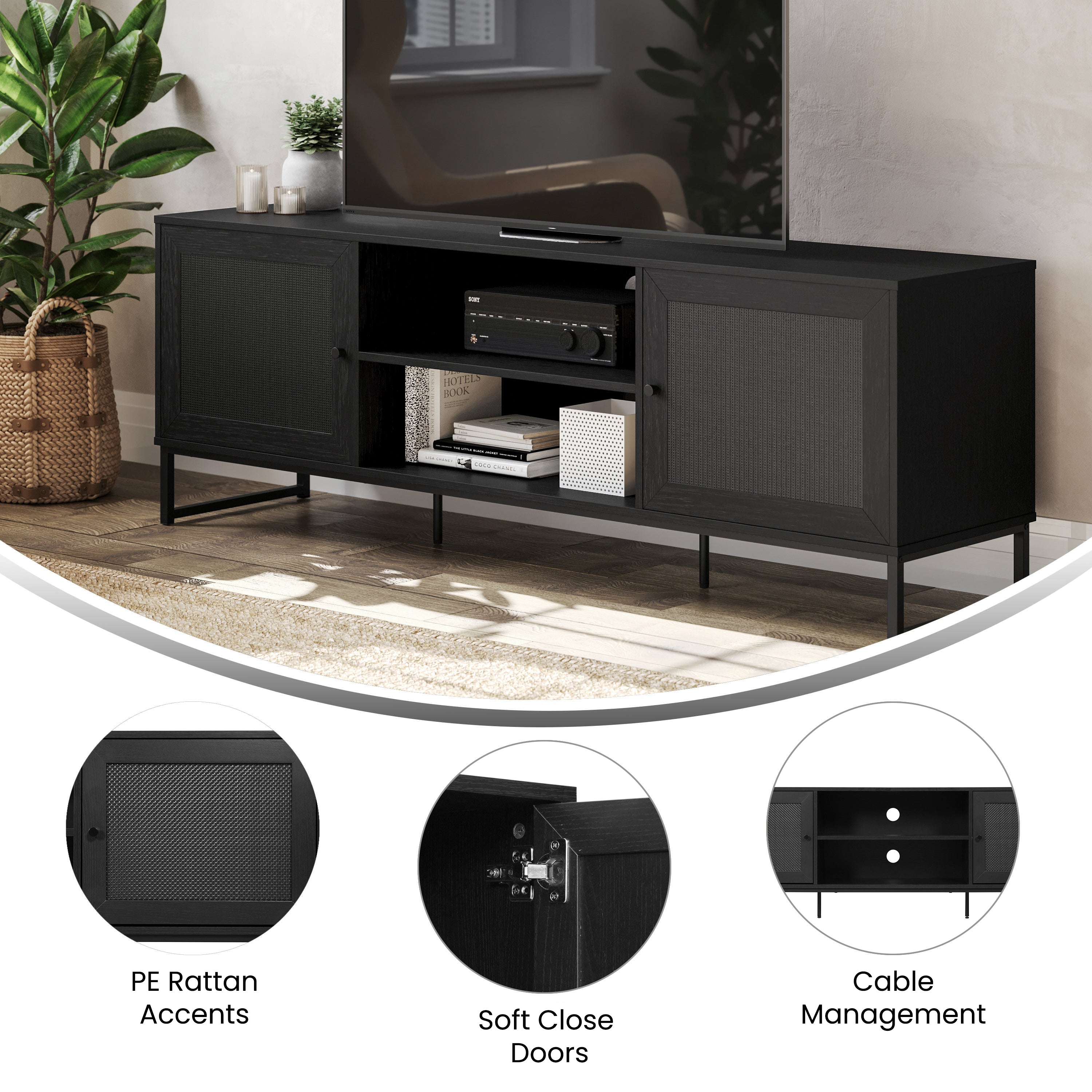 Malaki Mid-Century Modern 65 Inch TV Stand with 2 Rattan Soft Close Doors and Fixed Center Shelf, TV Stand for up to 70" TV's