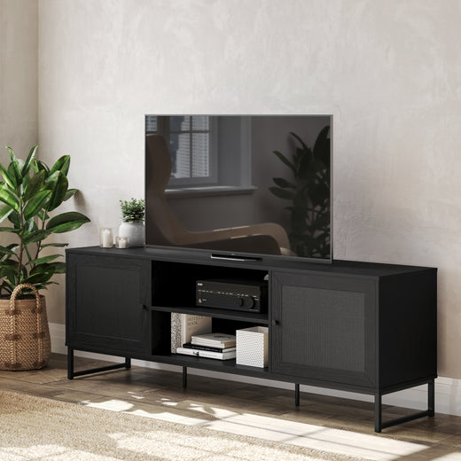 Malaki Mid-Century Modern 65 Inch TV Stand with 2 Rattan Soft Close Doors and Fixed Center Shelf, TV Stand for up to 70" TV's