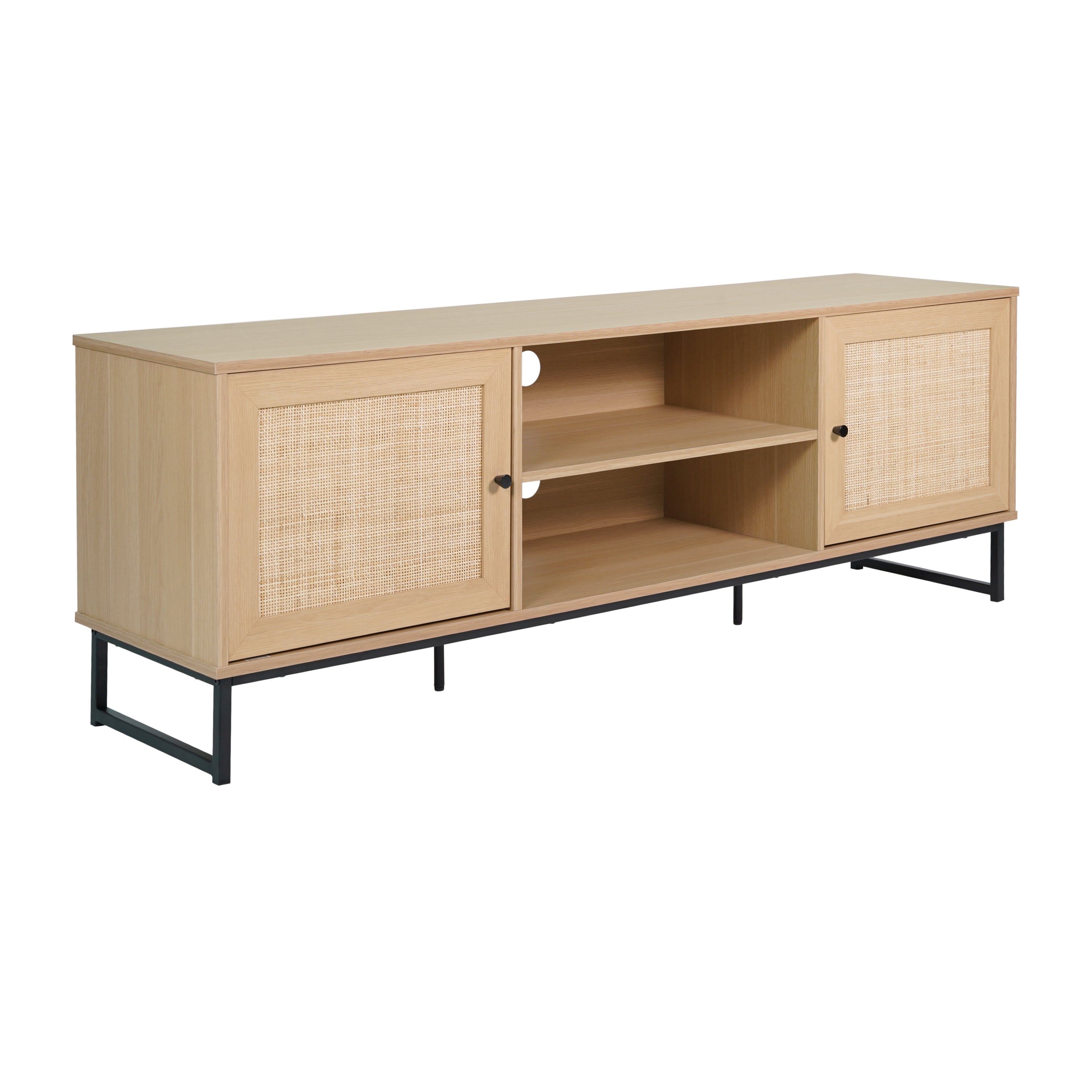 Malaki Mid-Century Modern 65 Inch TV Stand with 2 Rattan Soft Close Doors and Fixed Center Shelf, TV Stand for up to 70" TV's