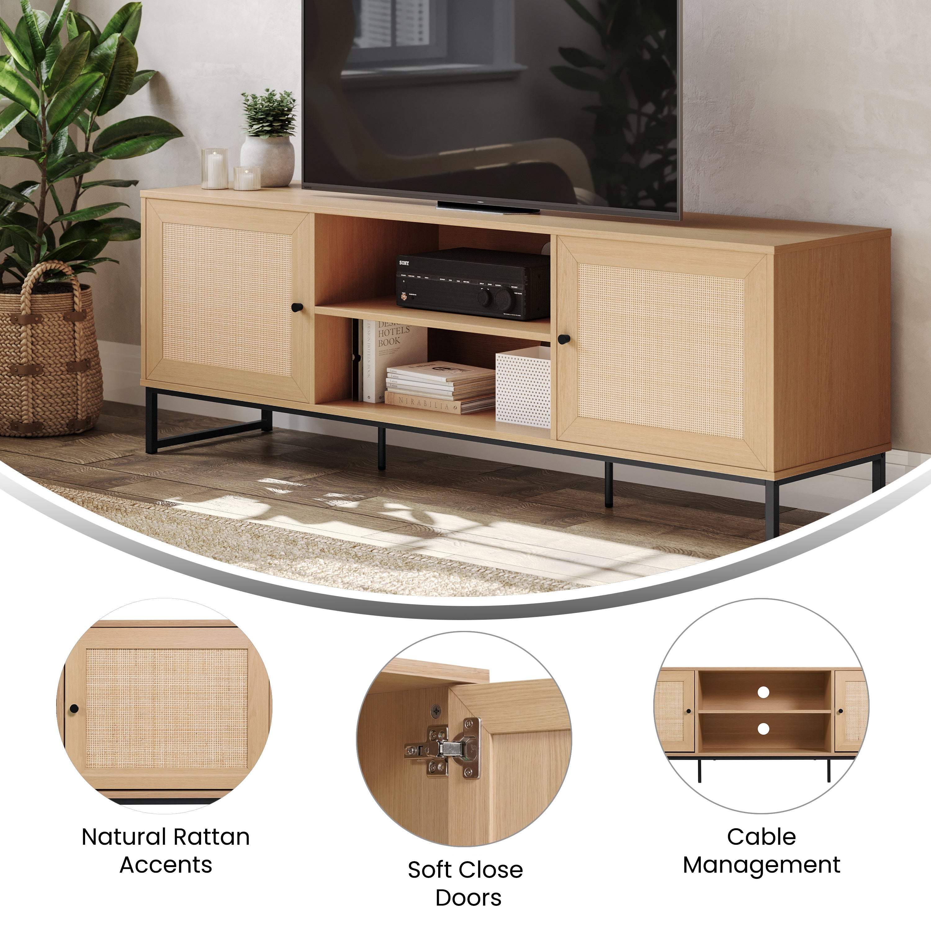 Malaki Mid-Century Modern 65 Inch TV Stand with 2 Rattan Soft Close Doors and Fixed Center Shelf, TV Stand for up to 70" TV's