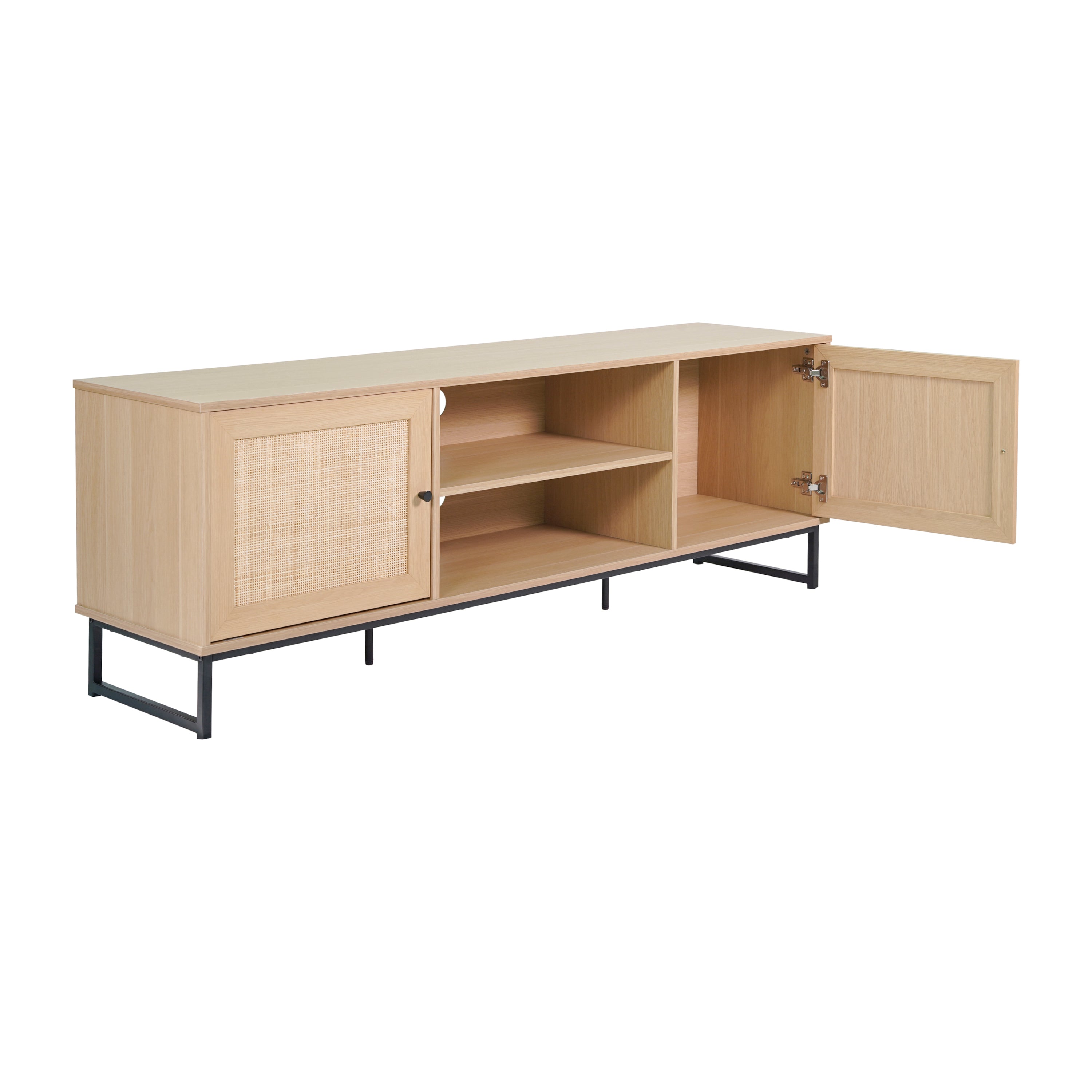 Malaki Mid-Century Modern 65 Inch TV Stand with 2 Rattan Soft Close Doors and Fixed Center Shelf, TV Stand for up to 70" TV's