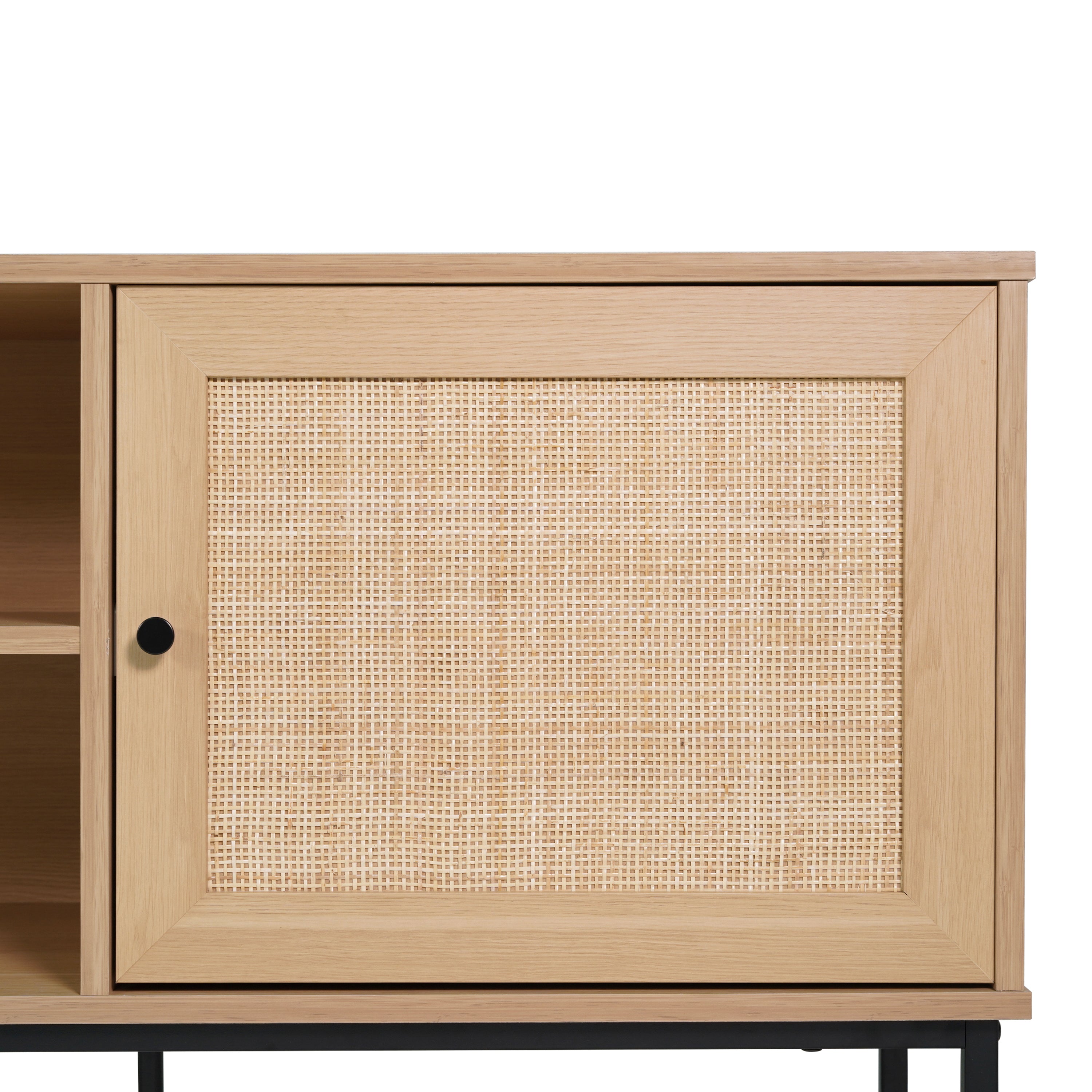 Malaki Mid-Century Modern 65 Inch TV Stand with 2 Rattan Soft Close Doors and Fixed Center Shelf, TV Stand for up to 70" TV's