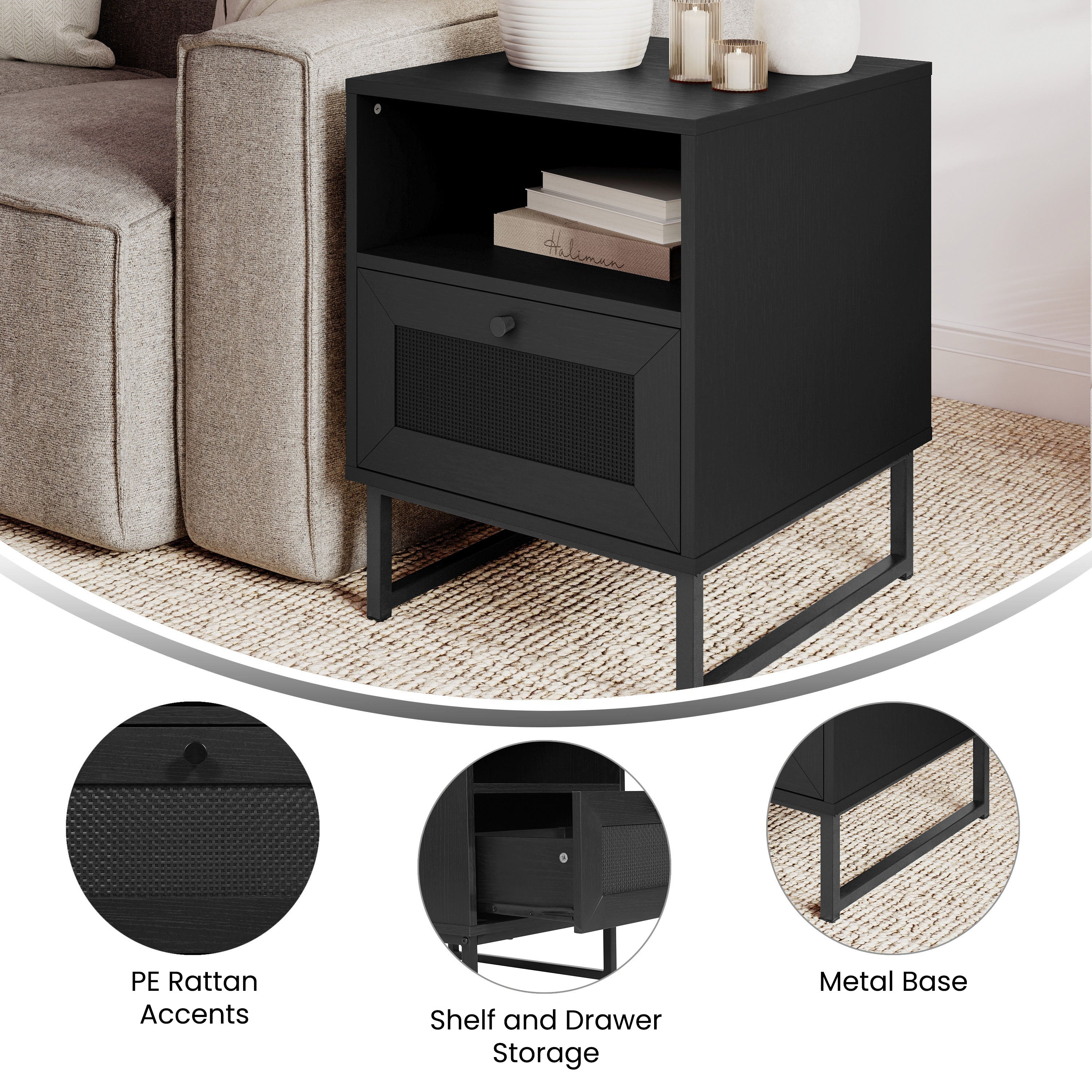 Malaki Mid-Century Modern Nightstand or End Table with Rattan Accented Drawer, Open Upper Shelf, and Metal Legs