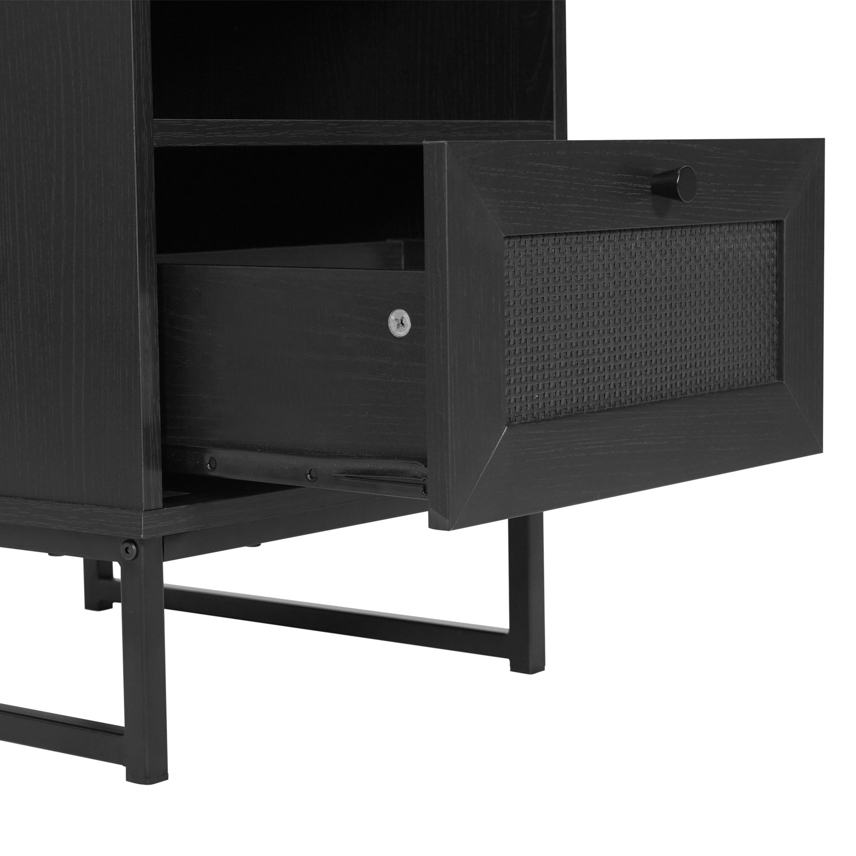 Malaki Set of 2 Mid-Century Modern Nightstands or End Tables with Rattan Accented Drawers, Open Upper Shelves, and Metal Legs